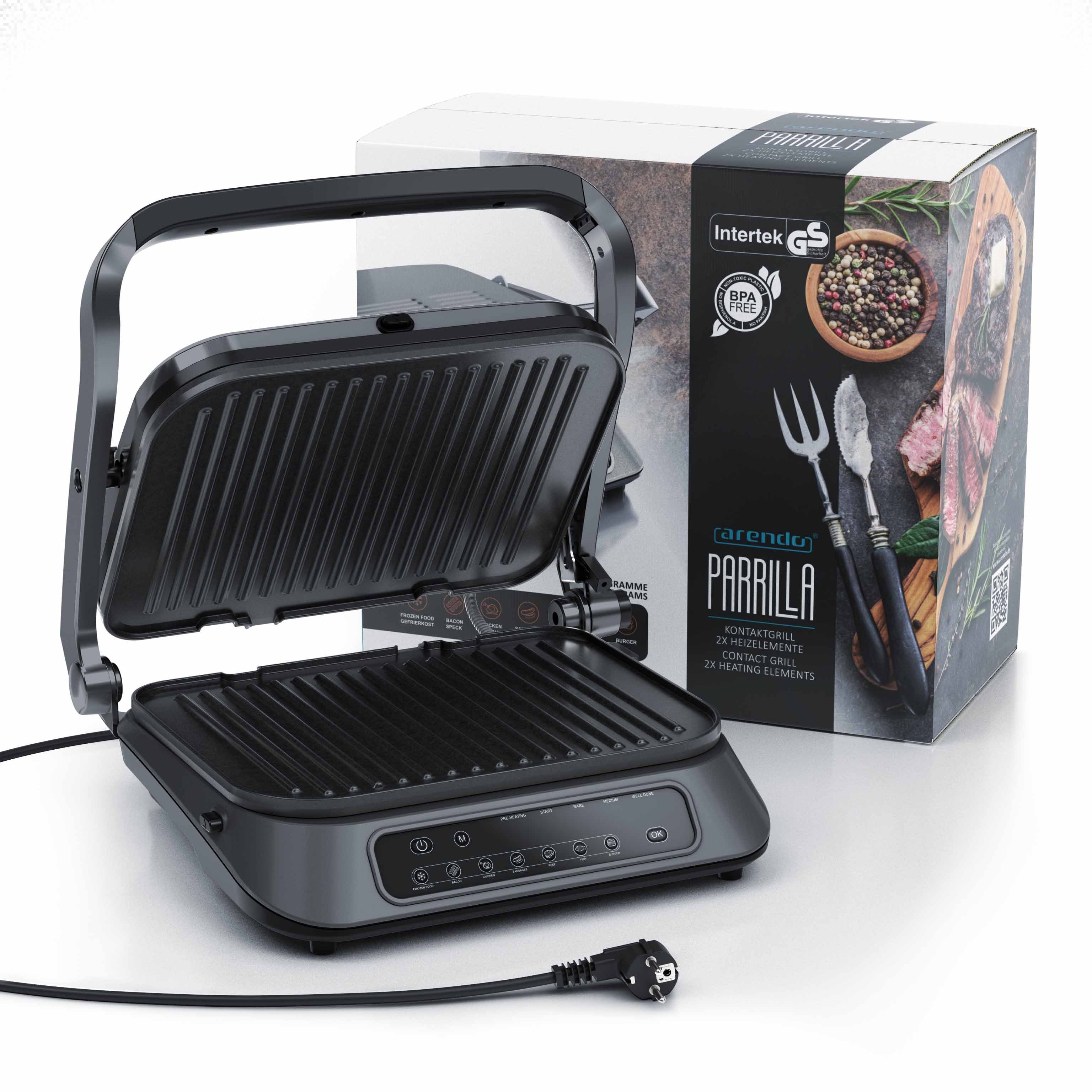 Arendo Kontaktgrill Elektrogrill, elektrischer Tischgrill, Sandwichmaker, 1900 W, Multi Grill mit Digitalsteuerung, Panini Grill, abnehmbare Platten