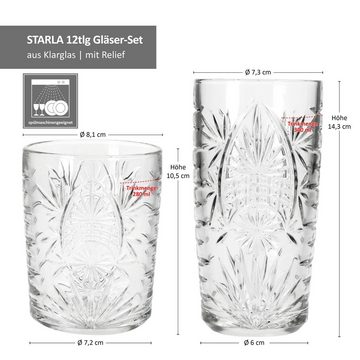 MamboCat Glas 12tlg Starla Gläser Set Whisky-Tumbler 280ml Longdrinkgläser 300ml, Glas