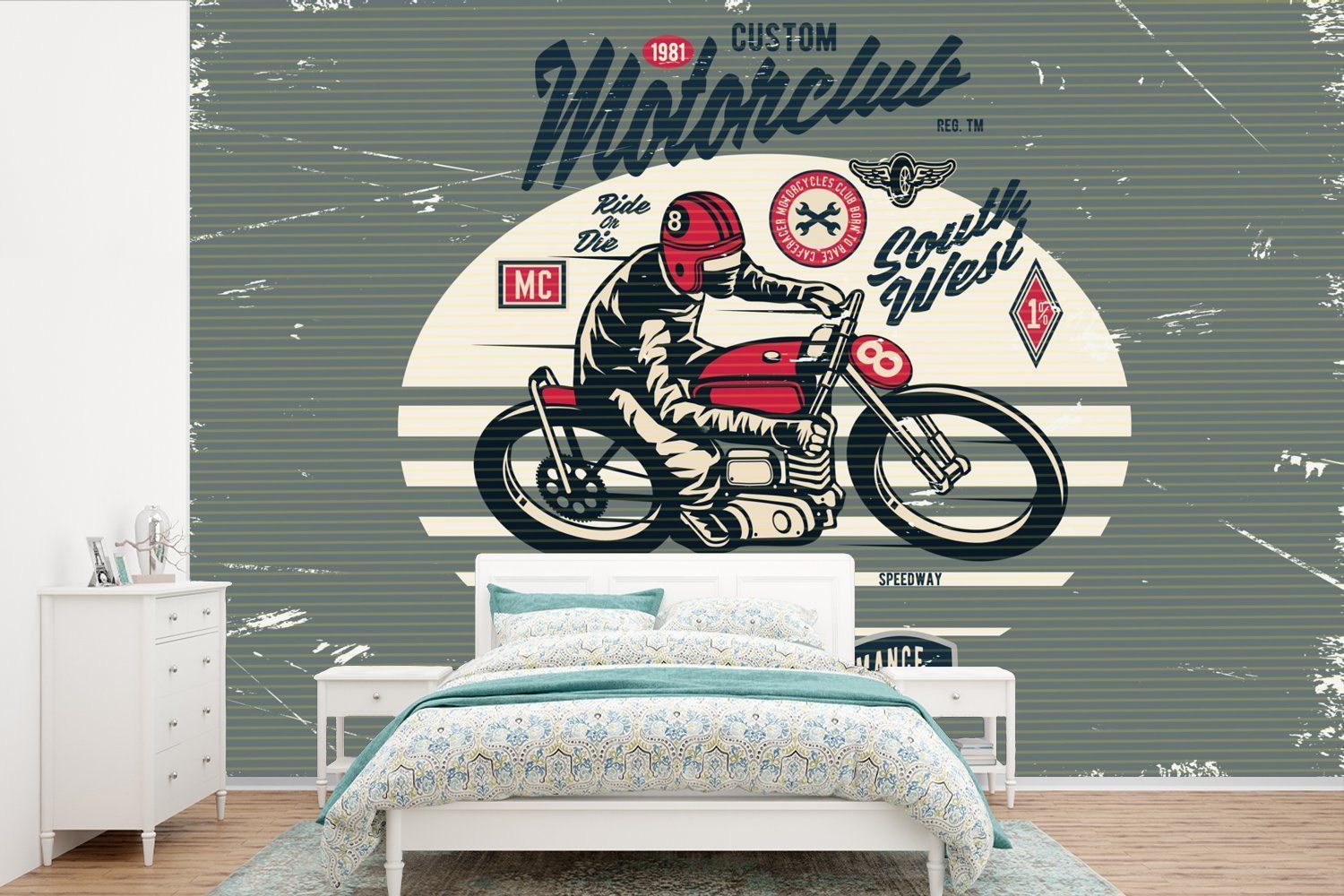 MuchoWow Fototapete Motorrad - Retro - Zitat, Matt, bedruckt, (6 St), Wallpaper für Wohnzimmer, Schlafzimmer, Kinderzimmer, Vinyl Tapete