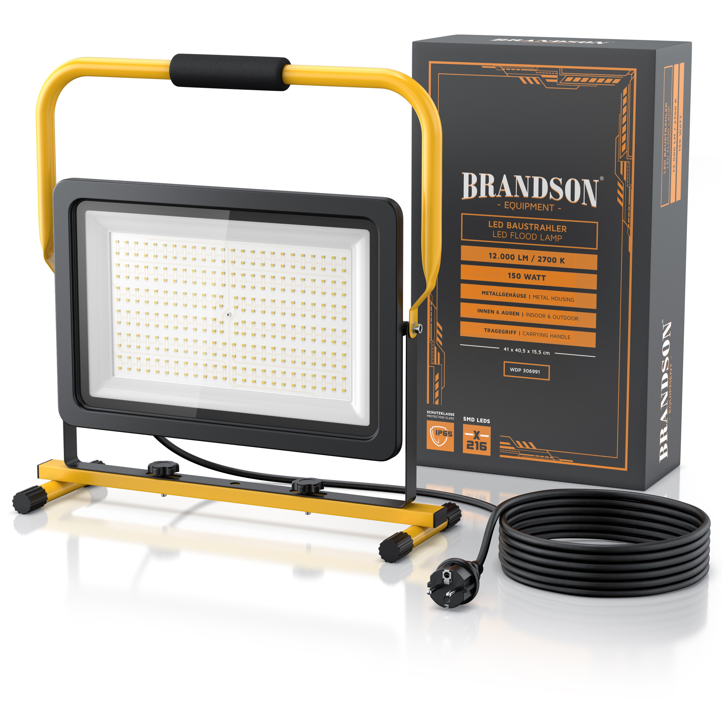 Brandson Baustrahler, LED fest integriert, Warmweiß, 150 Watt LED, Arbeitsscheinwerfer, Bauscheinwerfer, Arbeitsleuchte