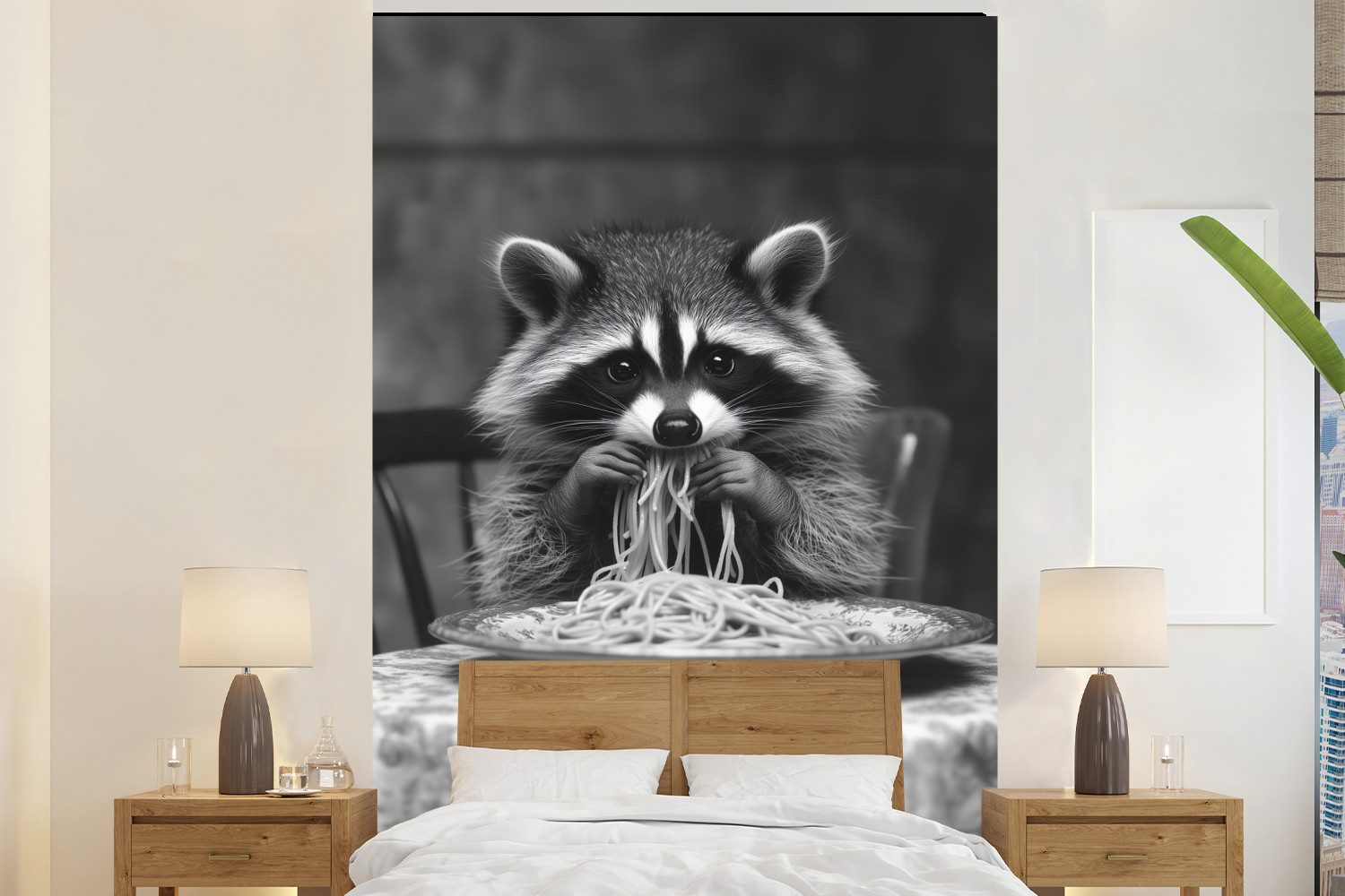 MuchoWow Fototapete Waschbär - Niedlich - Pasta - Tischtuch - Schwarz - Weiß, Matt, bedruckt, Vliestapete für Wohnzimmer Schlafzimmer Küche, Fototapete, 180x280 cm