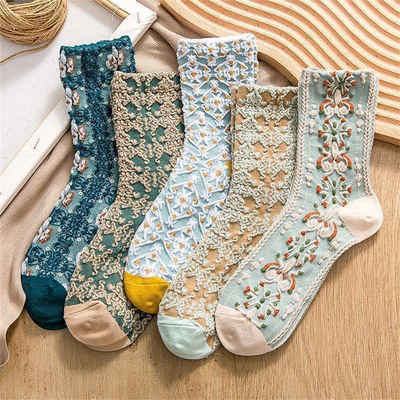 Rouemi Socken Damen Socken, Gestickte Floral Boden Socken Warm Mid Calf Socken (5-Paar)