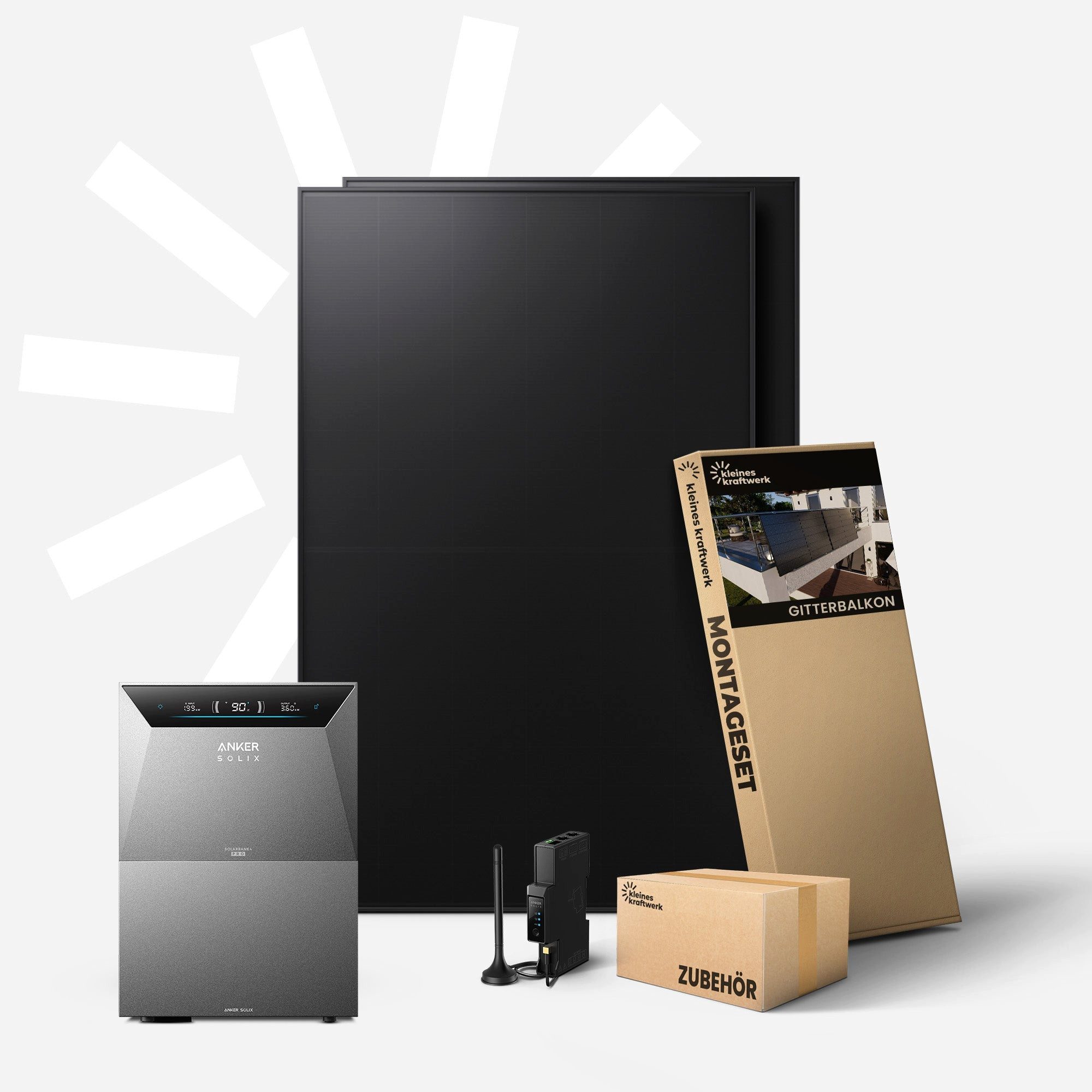 Kleines Kraftwerk Balkonkraftwerk Duo mit Speicher (Anker Solarbank 4 Pro), 960 W, Monokristallin, (Gitterbalkon, Solaranlage Komplettset mit Speicher), 2 x 480W, Anker Solarbank 4 Pro