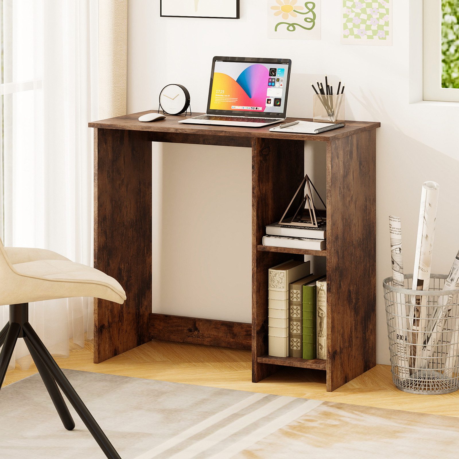 COSTWAY Schreibtisch, mit 2 Fächern, für kleine Räume, bis 130kg, 80x40x74cm