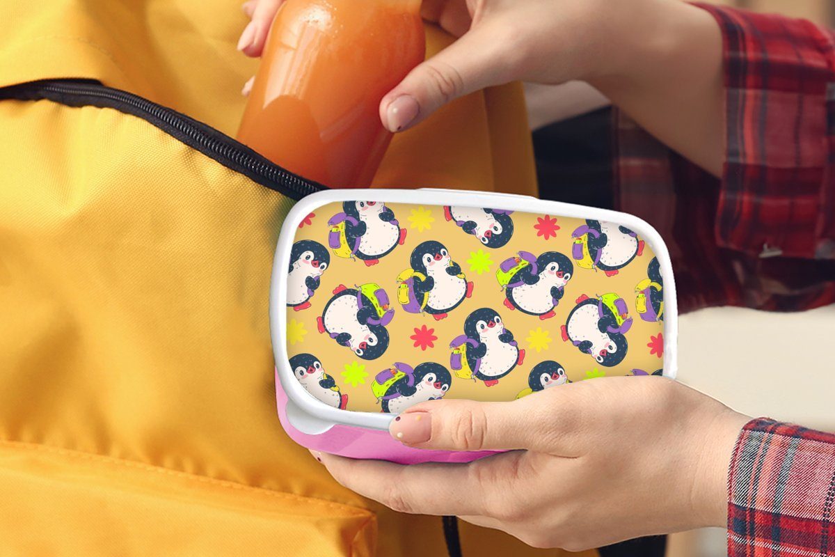 Pinguin Mädchen, - Brotdose für Brotbox Rucksack Kinder, MuchoWow Snackbox, Lunchbox Erwachsene, Kunststoff, Kunststoff (2-tlg), Schnittmuster, - rosa