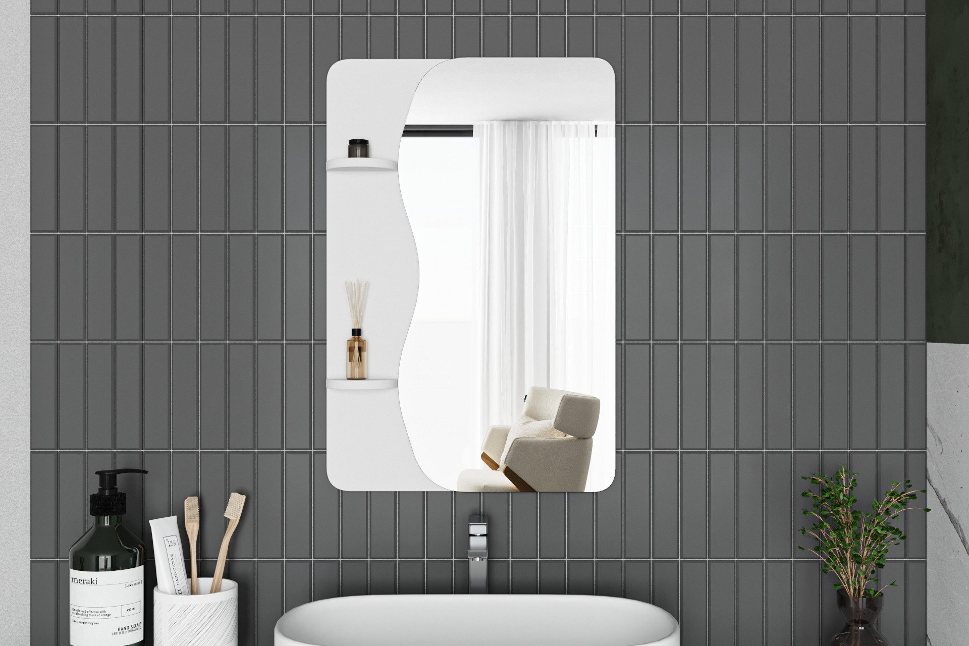 moebel17 Dekospiegel Wandspiegel Velvet Weiß 60x90 cm mit Regalen