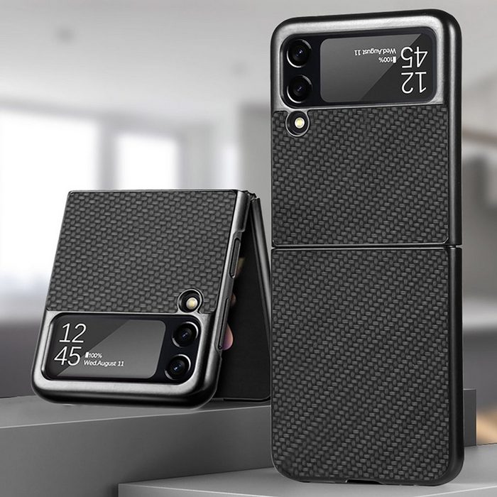 Wigento Handyhülle Für Samsung Galaxy Z Flip4 Schlanke PC-Schutzhülle mit Quermuster Schwarz Schutz Cover Handy Tasche