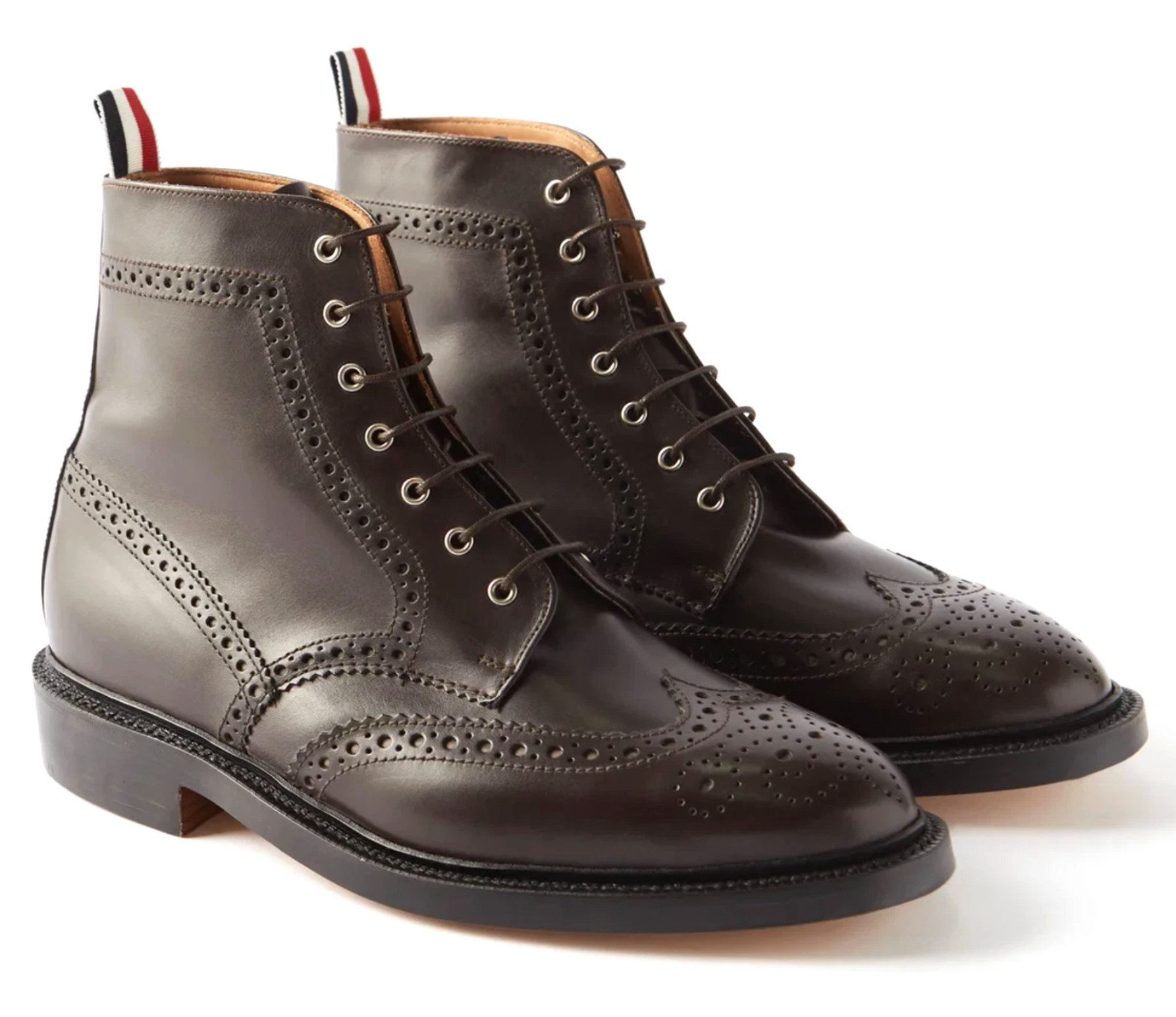 THOM BROWNE Stiefel Wingtip Brogue Boots Goodyear-Welted Ankleboots Tricolour-Fersenschlaufe (RWB), Handgefertigt in England