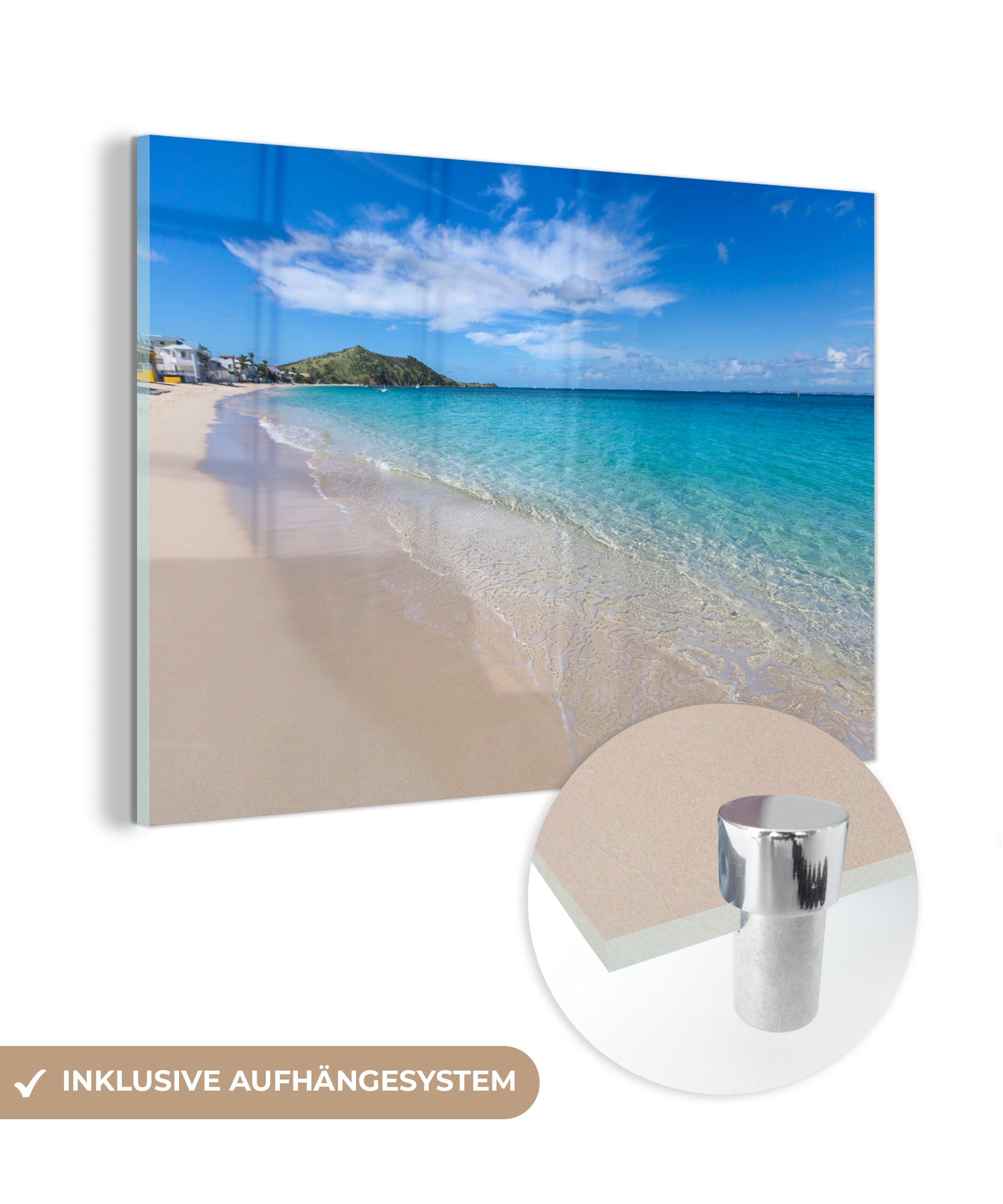 MuchoWow Acrylglasbild Klares Meerwasser wird an den Strand von St. Maarten gespült, (1 St), Acrylglasbilder Wohnzimmer & Schlafzimmer