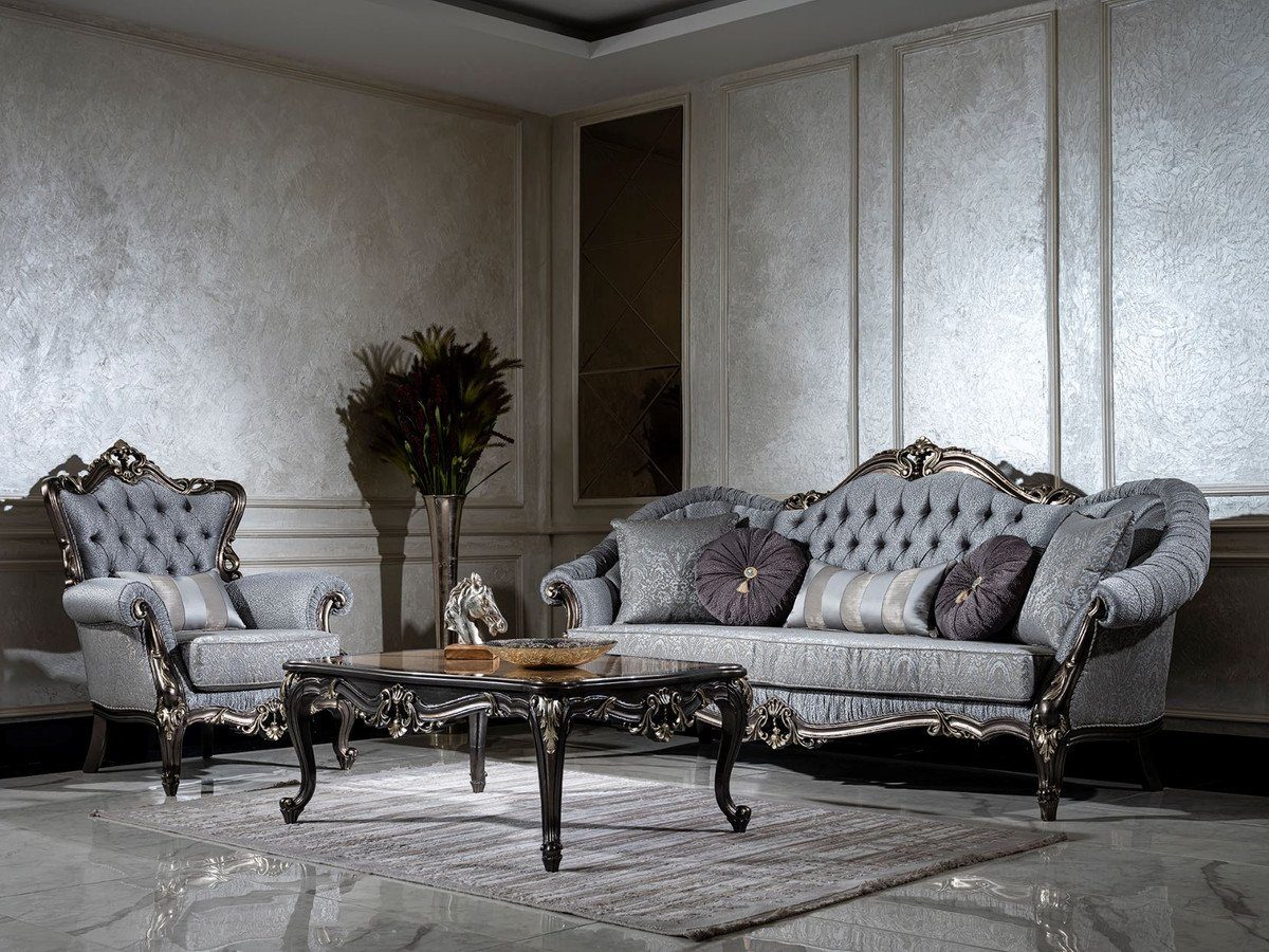 Padrino - Hellblau Casa Dunkelgrau Luxus / Grau Sessel Sessel / Wohnzimmer Sessel dekorativem mit Gold Möbel Barock und Wohnzimmer Kissen / - Barock Eleganter Muster