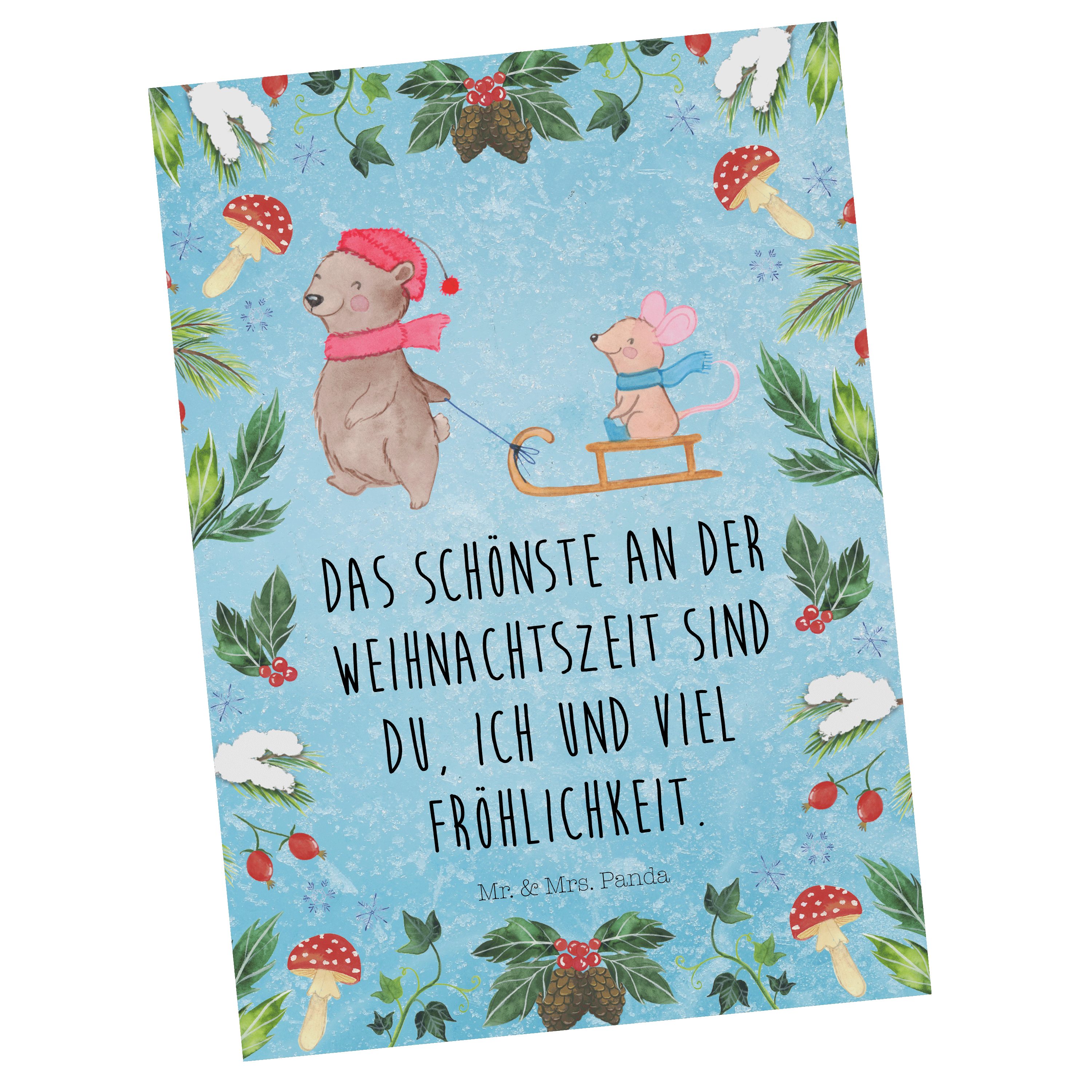 Mr. & Mrs. Panda Postkarte Bär Maus Schlitten - Eisblau - Geschenk, Ansichtskarte, Geschenkkarte