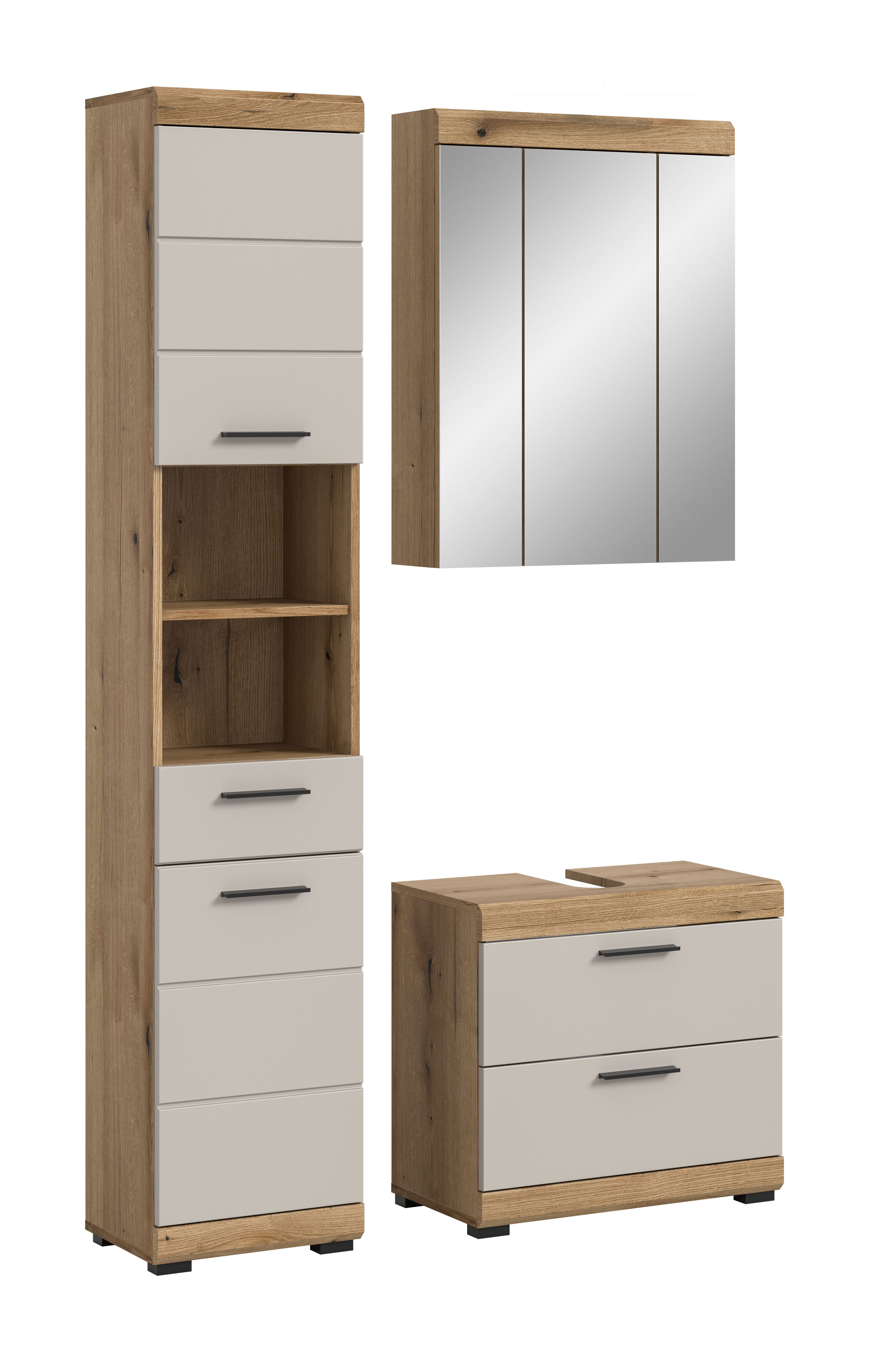 furnling Badmöbel-Set Scott, (3-St., bestehend aus Hochschrank, Waschbeckenunterschrank, Spiegelschrank), Badmöbel, Badschränke, modern, Breite 112 cm