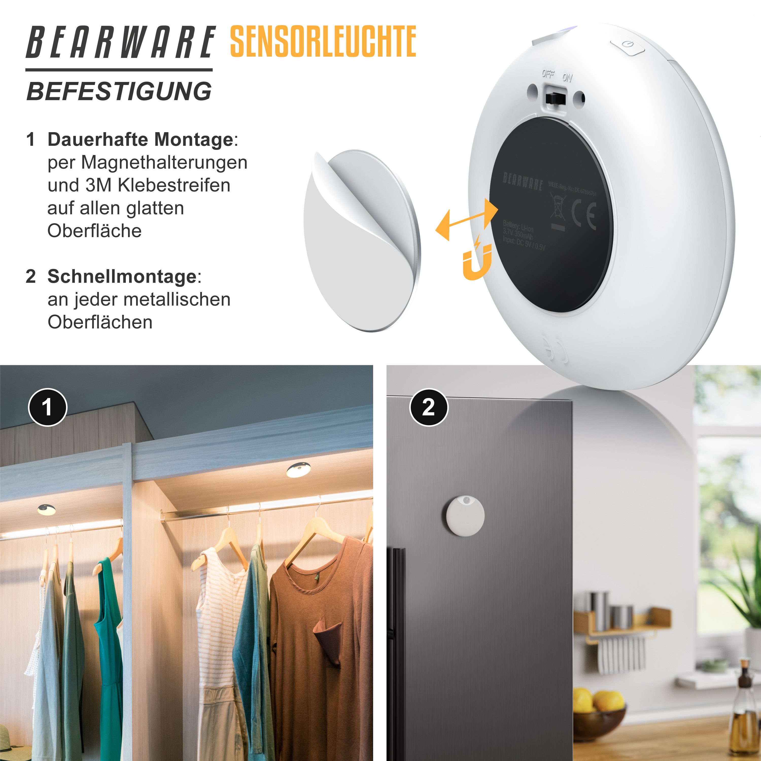 BEARWARE LED Nachtlicht Schranklicht mit Bewegungsmelder, Akku, USB-C, dimmbar, Automatische Ein-/Ausschaltung, Nachtlichtfunktion, mit LED, Dimmfunktion, Timer – Bild 4 von 5