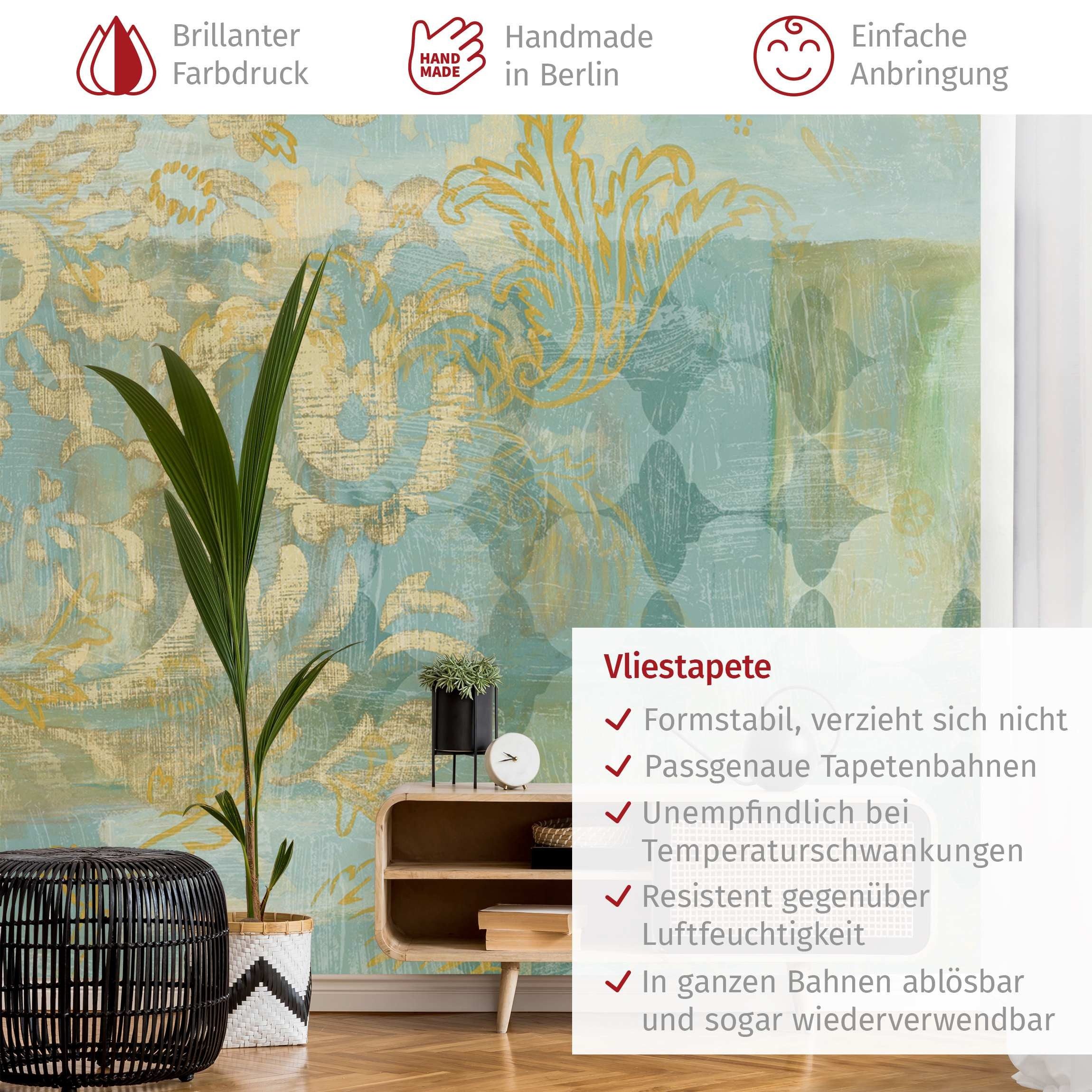 Bilderdepot24 Vliestapete Vintage Marokkanische Collage Gold Türkis Orientalisch Floral Ranke, Glatt, Matt, (Vliestapete inkl. Kleister oder selbstklebend), Wohnzimmer Schlafzimmer Küche Flur Fototapete Motivtapete Wandtapete