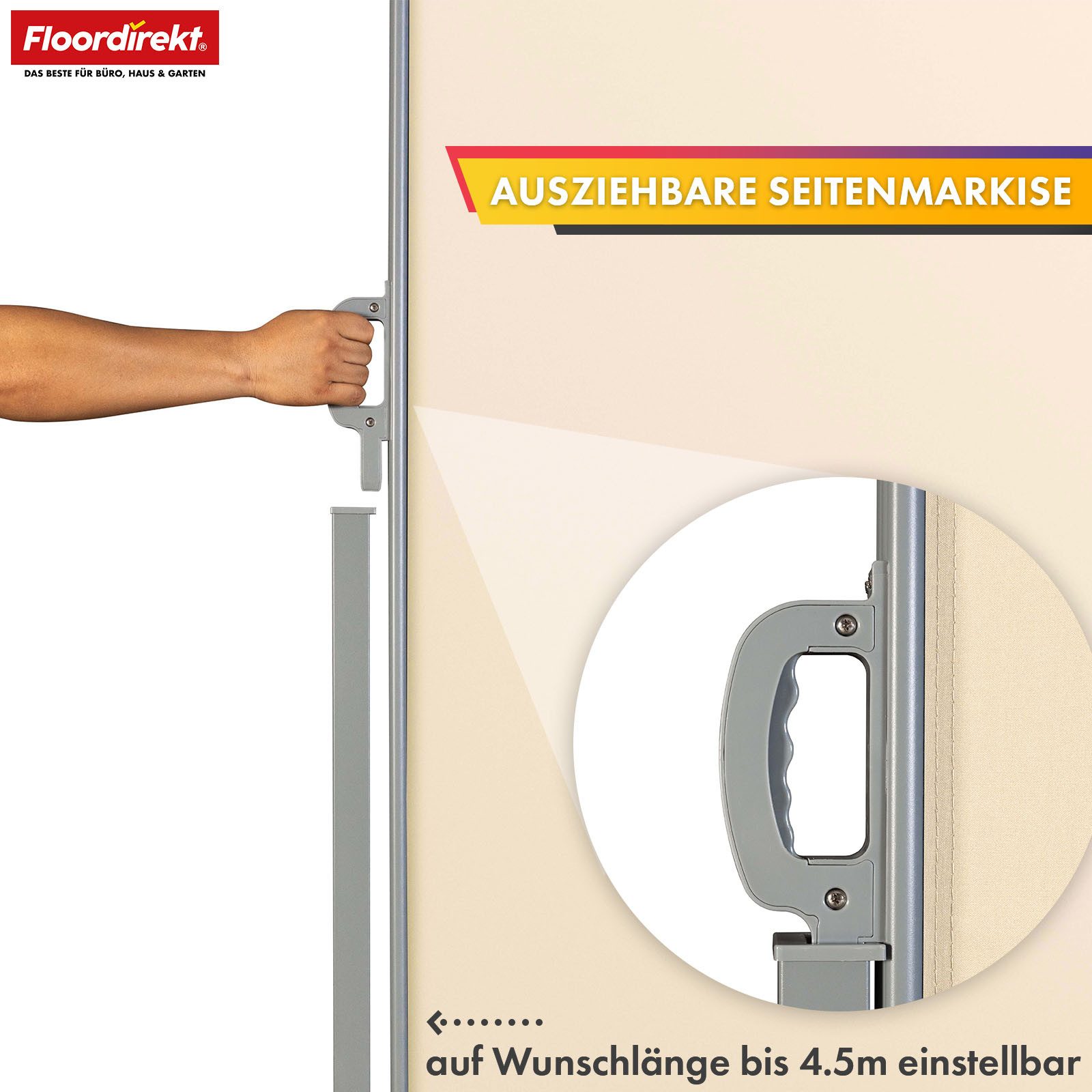 Floordirekt Seitenmarkise aus Aluminium Sichtschutz & Sonnenschutz für Balkon, Terrasse & Garten (140x300 cm) UV-beständig, hohe Stabilität, witterungsbeständig, Bodenbefestigung