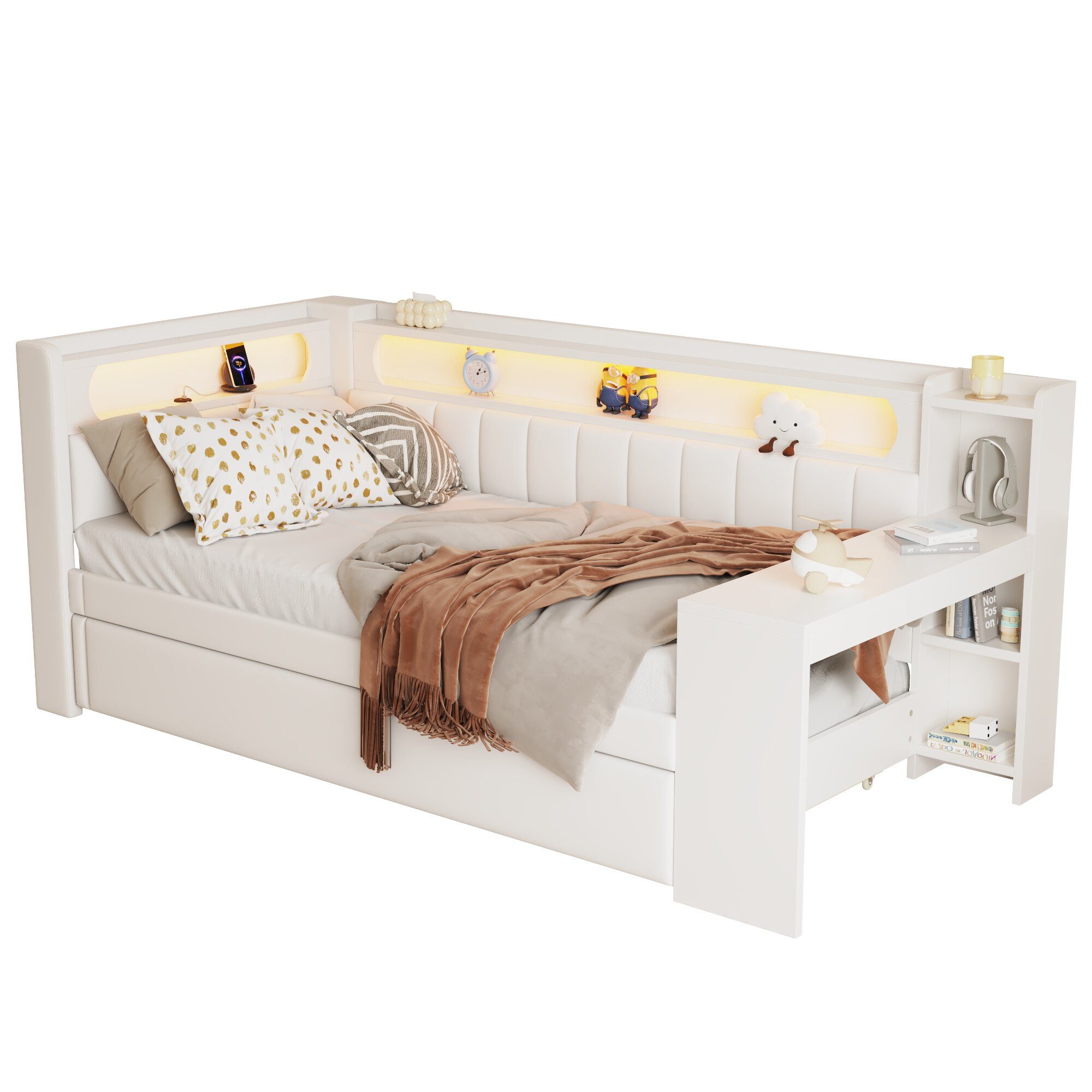 OKWISH Kinderbett Tagesbett Jugendbett Funktionsbett (Gepolstertes 90x200 Tagesbett mit LED-Gürtel, USB-Anschlüssen & Ausziehbett., 1-tlg., 90x200), mit Ausziehbett