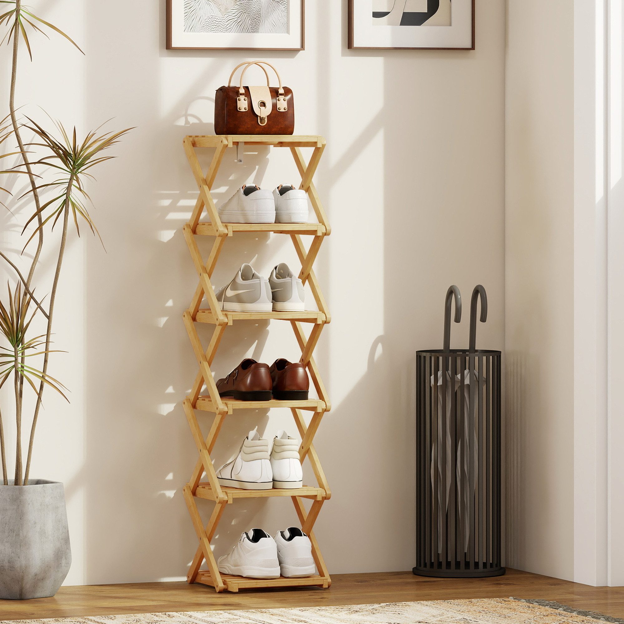 HOMCOM Schuhregal mit 6 Ebenen aus Bambus, für max. 9 Paar Schuhe, klappbar Schuhständer 1-tlg., für Eingang, Schlafzimmer, 30 x 29 x 108 cm, Natur