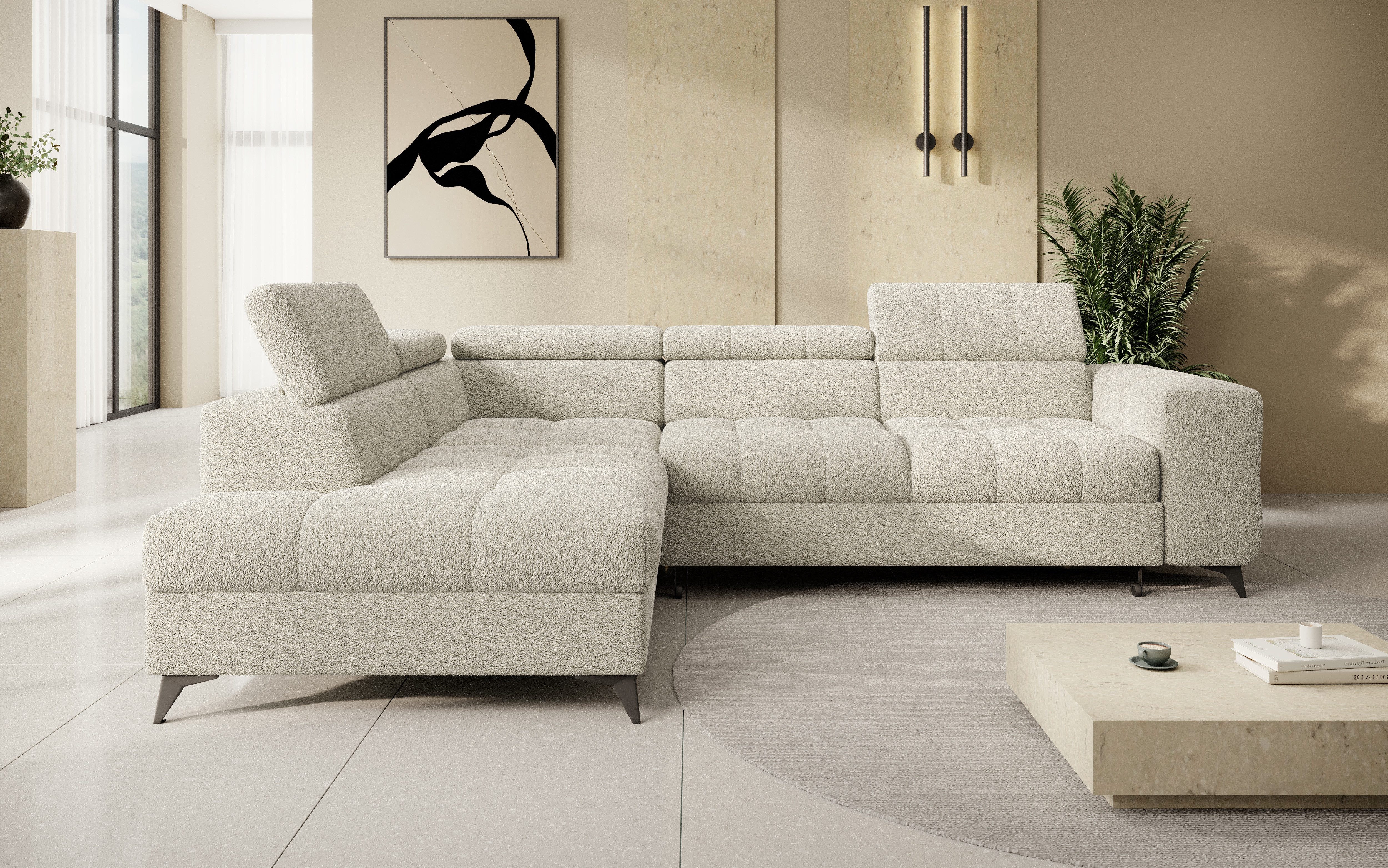 thematys Ecksofa SORANO mit Schlaffunktion & Bettkasten – L-Form, Bouclé und Velours, - mit verstellbaren Kopfstützen, – L-Form 270×203 cm – Schlafsofa mit Ausz – Bild 2 von 5