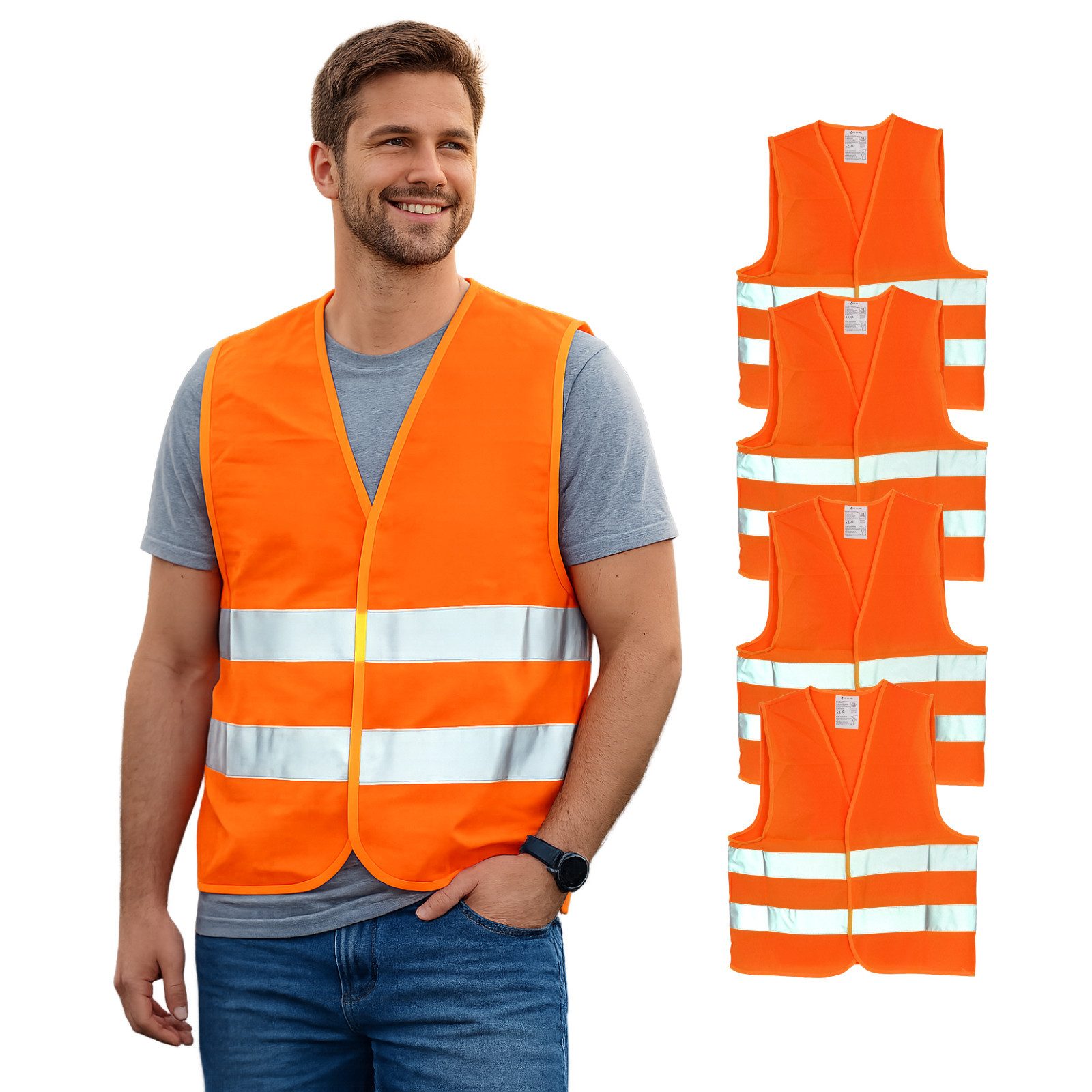 FIRST AID ONLY® Warnweste Warnweste Orange, Sicherheitsweste EN ISO 20471:2013 (4-tlg) Reflektierende Weste für Erwachsene, Einheitsgröße