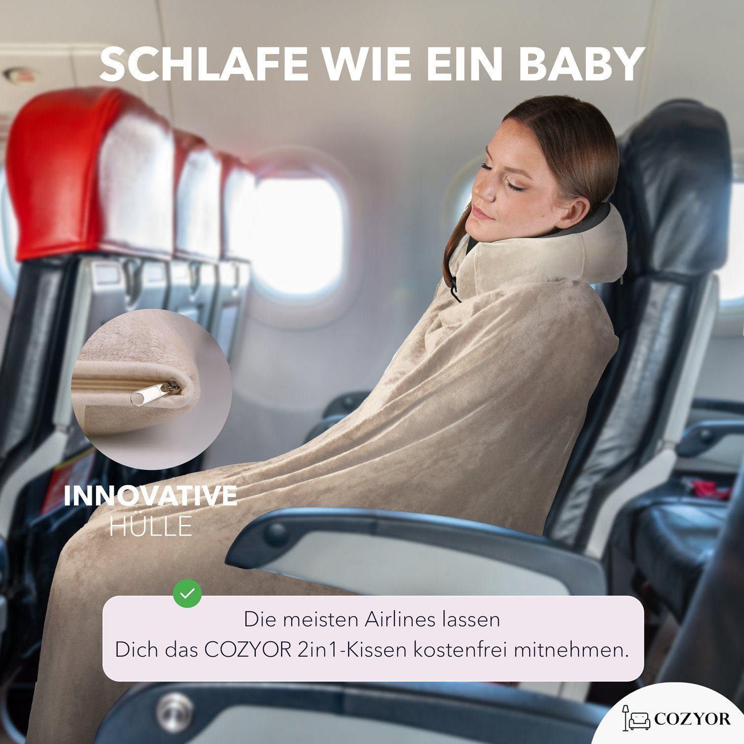 Cozyor Reisekissen und Reisedecke 2 in 1, Reiseset kuschelig weich + Rucksack-Clip, & mit praktischer Befestigung für Koffer, beige Driftwood Serie, 1-tlg., Verwandlungskissen, Flugzeugdecke für unterwegs wahlweise mit Nackenkissen & Augenmaske