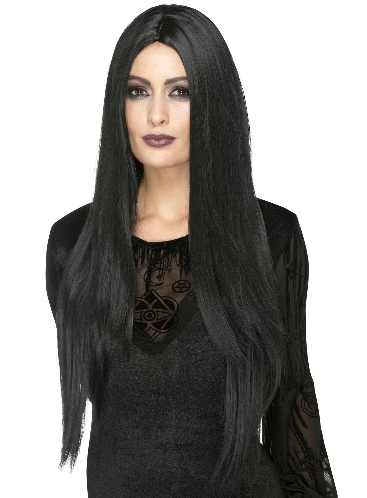 Smiffys Kostüm Extralange Haare schwarz, Hochwertige hitzebeständige und  frisierbare Perücke