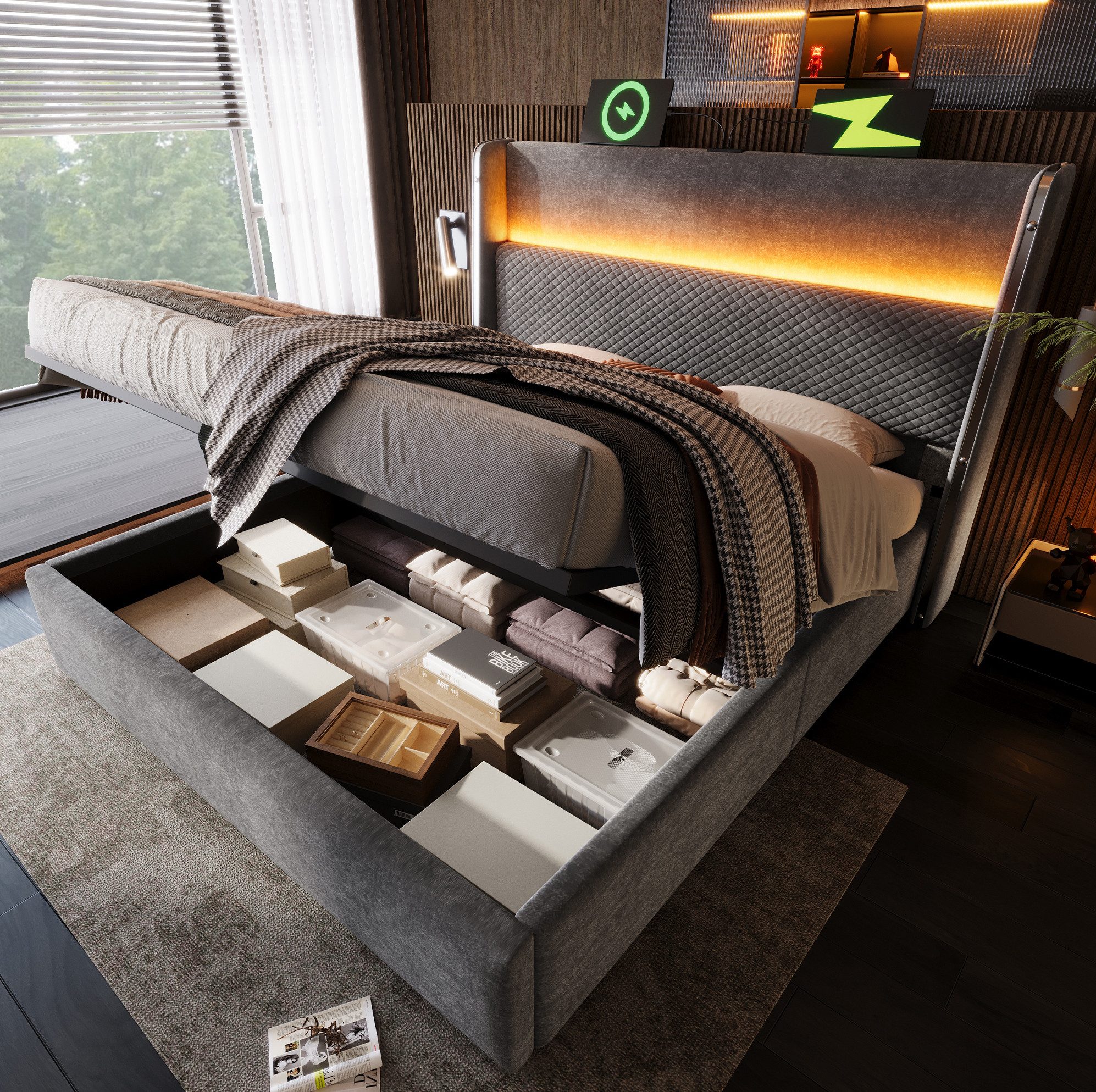 MODFU Polsterbett Doppelbett mit hohem Kopfteil & hydraulischem Stauraum (Packung, Grau, 160×200 cm, Leinen, für Schlafzimmer), LED, USB/Type-C, mit Matratze