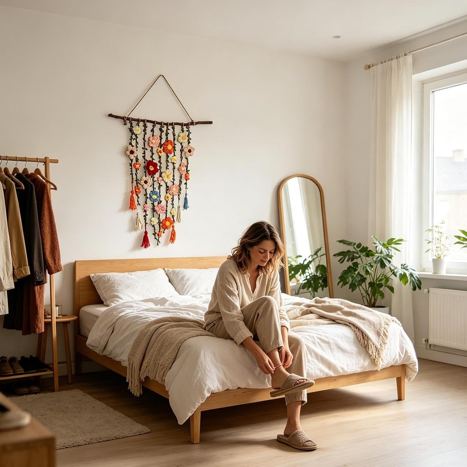 Diwzbyn Dekohänger Makramee-Wandbehang Gehäkeltes Blumendekor, Boho-Wandkunst Dekoration, für Schlafzimmer, Wohnzimmer, Flur, Büro, Café – Bild 3 von 5