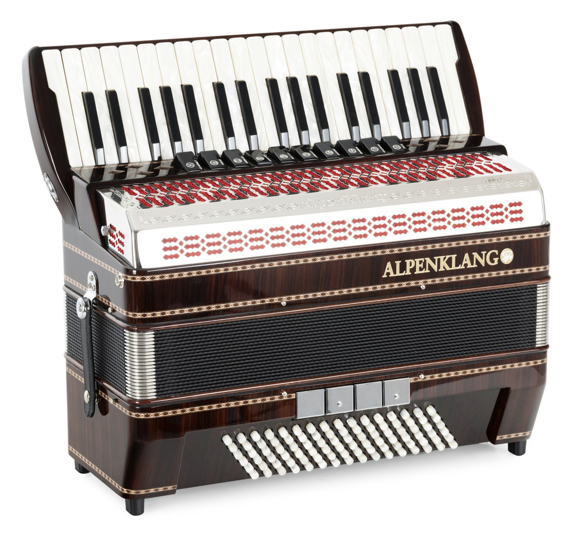 Alpenklang Knopf-Akkordeon Pro IV 96/M Akkordeon - 96 Bassknöpfe, 38 Diskanttasten, Doppeltremolo (Pro-Serie, Inkl. Luxuskoffer, Trageriemen mit Querriemen und Poliertuch), Hochwertige, italienische Tipo a Mano-Stimmplatten