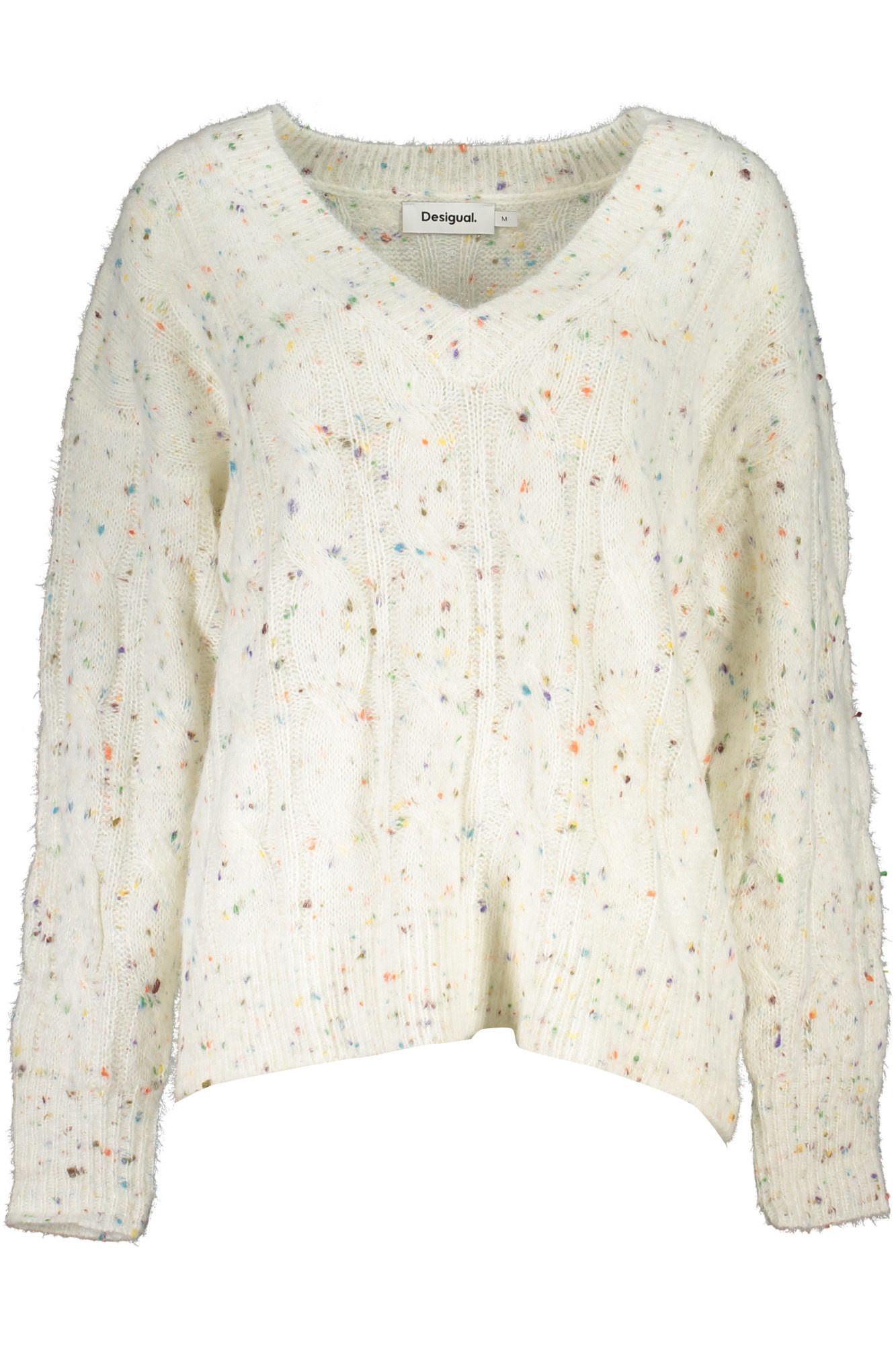 Desigual Strickpullover Weißer Damenpullover mit V-Ausschnitt und Kontrastdetails.