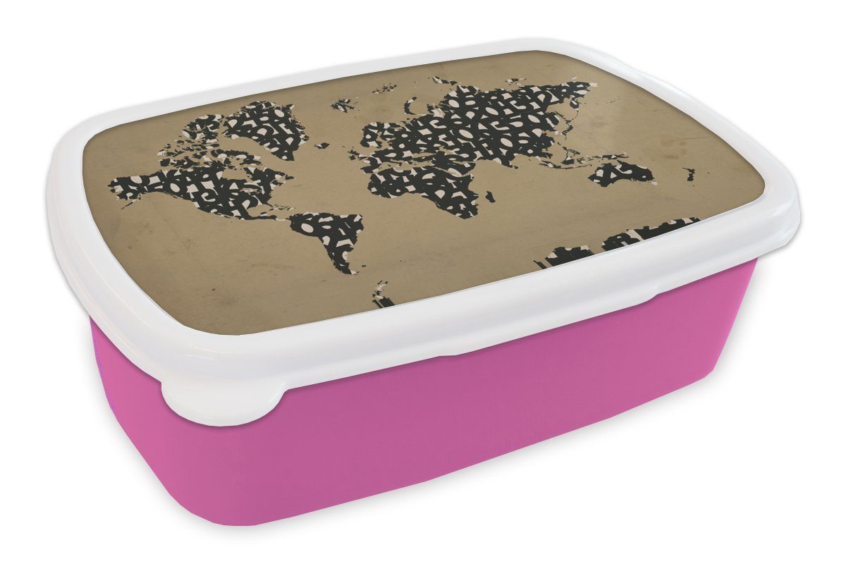 MuchoWow Lunchbox Weltkarte - Zahlen - Braun, Kunststoff, (2-tlg), Brotbox für Erwachsene, Brotdose Kinder, Snackbox, Mädchen, Kunststoff rosa