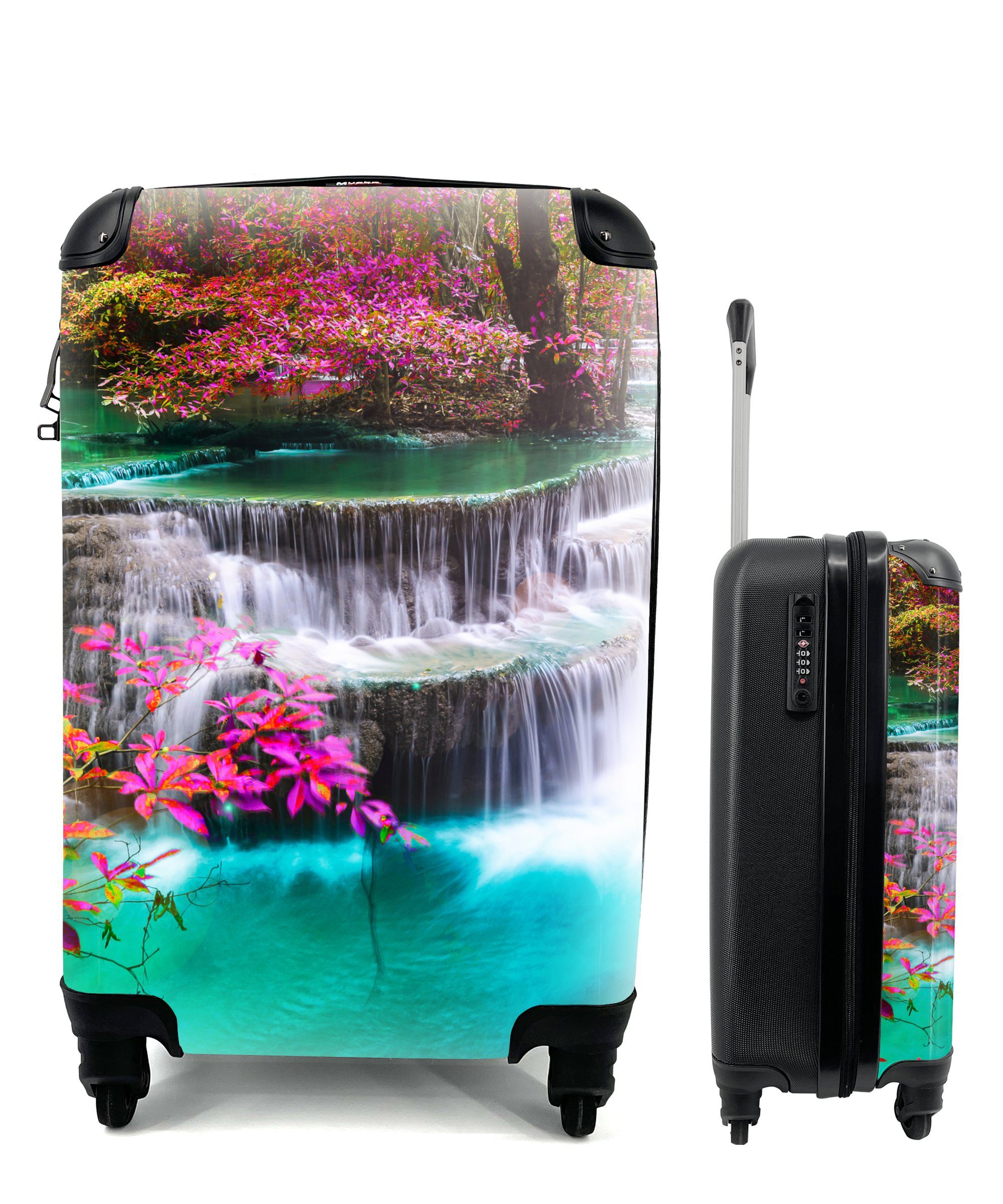 MuchoWow Handgepäckkoffer Wasserfall - Regenbogen Natur, - - mit Handgepäck 4 Bäume Sonne Reisekoffer Reisetasche - für rollen, Ferien, Rollen, Trolley