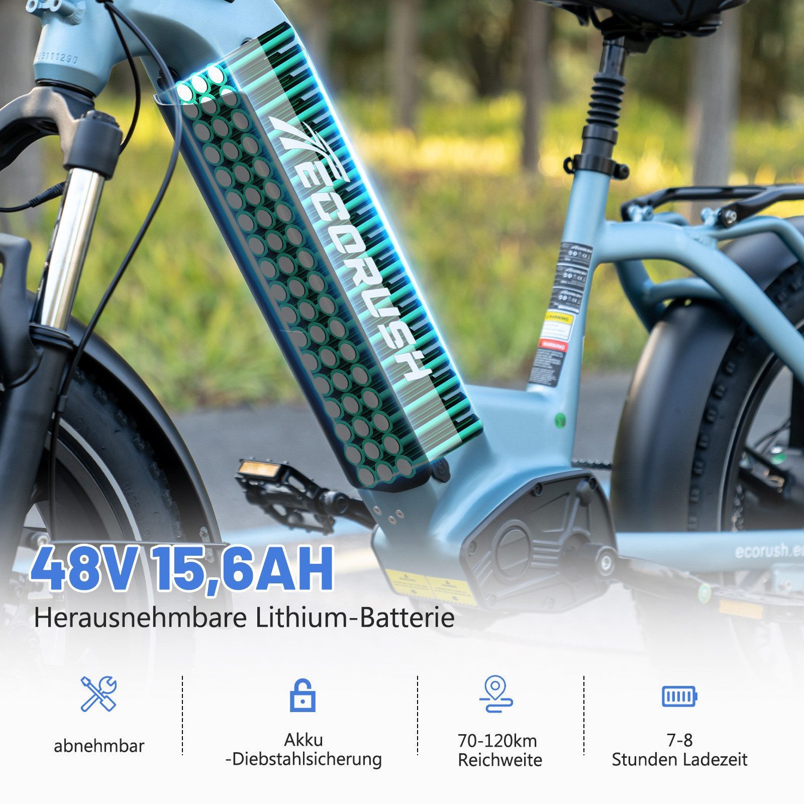 ECORUSH E-Bike Mountainbike Elektrofahrrad 20*4,0 Zoll Pedelec StVZO mit 15,6Ah Akku Max 70-120km, 7 Gang shimano shimano Schaltwerk, Kettenschaltung, Heckmotor, 748,8 Wh, Damen/Herren E-Mountainbike mit Pumpe, Schloss