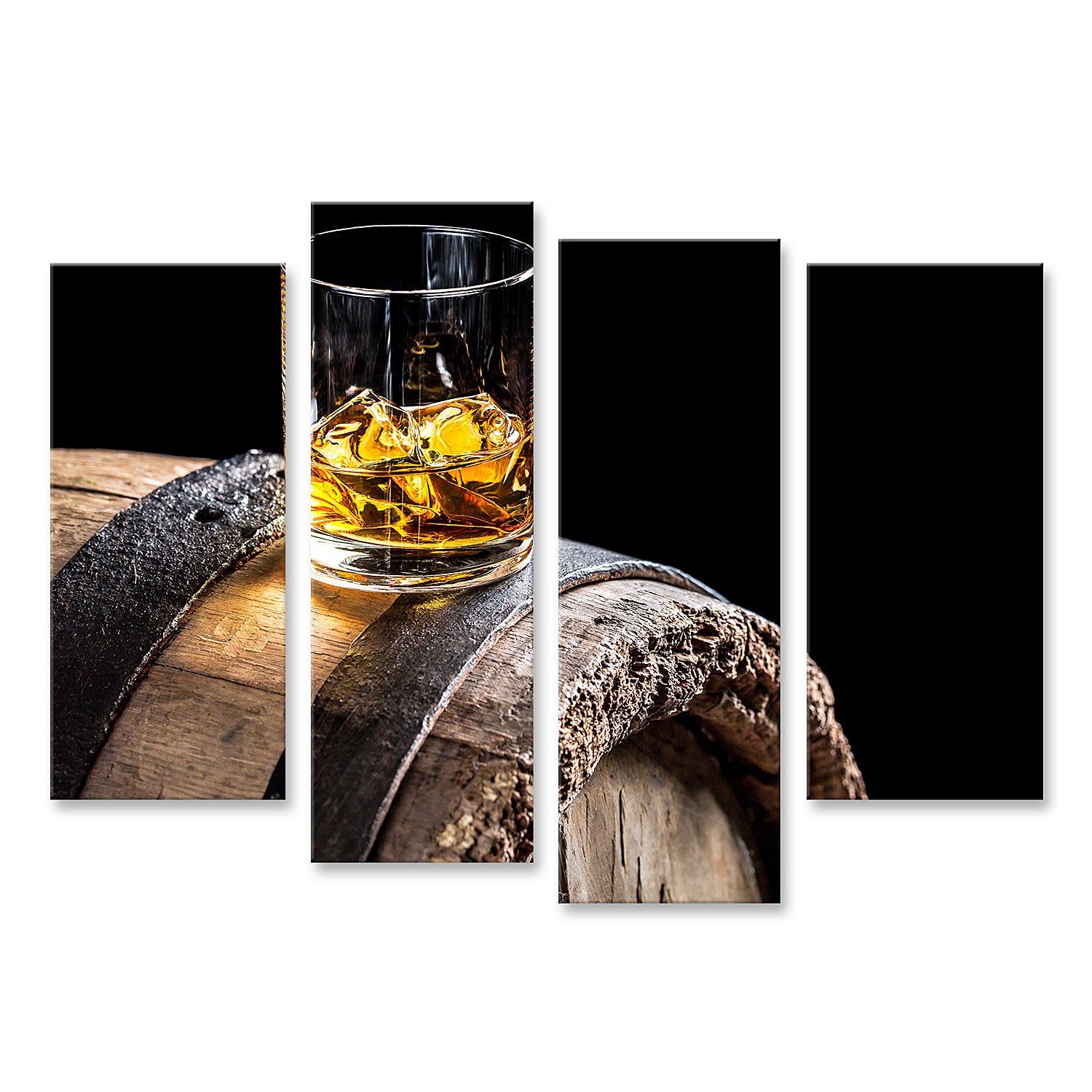 Leinwandbild Bild auf Leinwand Glas Whisky mit Eis auf altem Eichenholzfass Wandbil