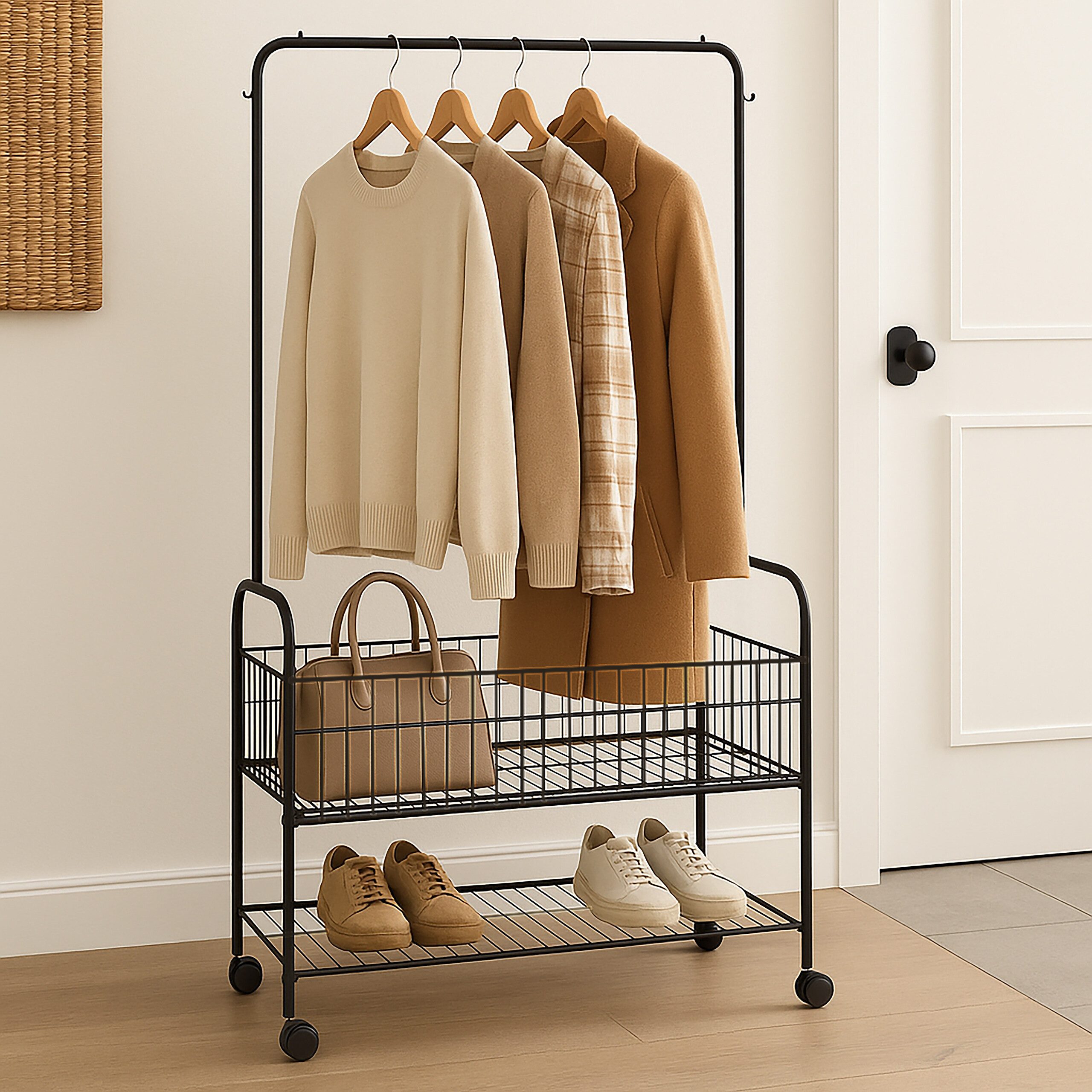 relaxdays Kleiderständer Rollbarer Kleiderständer mit 2 Ablagen, schwarz günstig online kaufen