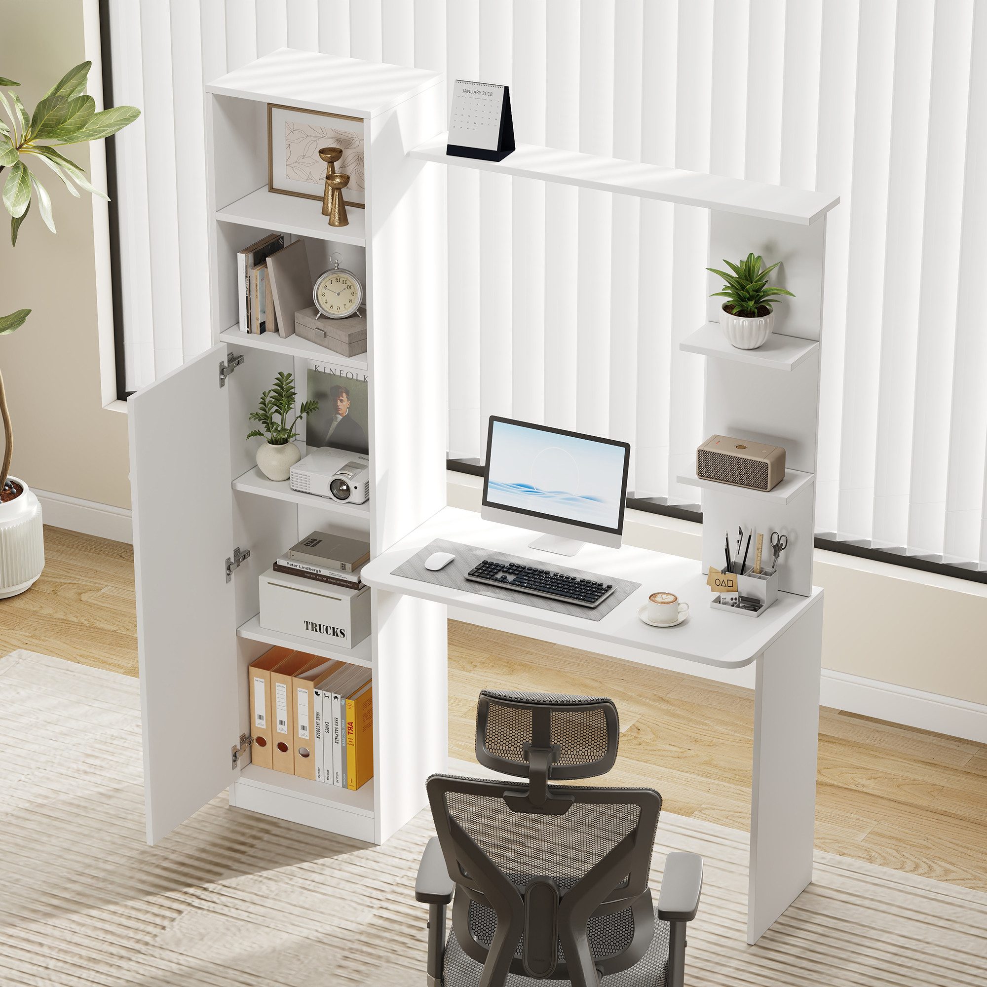 Flieks Regal-Schreibtisch Computertisch mit Hochschrank und Ablagen (123,5x45x168,5 cm, 1-St), L-formig Arbeitstisch mit Ablagen und 5 Fächern Bürortisch Weiß