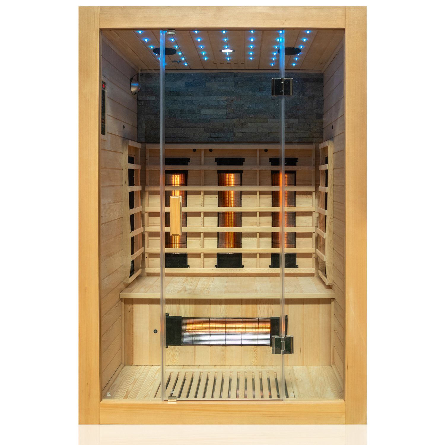 Dewello Infrarotkabine MILTON Wärmekabine, für bis zu 2 Personen, 6 Vollspektrumstrahler, BxTxH: 135 x 105 x 190 cm, (mit Farblichttherapie, Ionisator, Ozondesinfektion und Aromatherapie, Multimedia und zusätzlich USB-Anschluss & Bluetooth möglich) Sauna aus Hemlock-Tannenholz, leichter Aufbau dank Stecksystem