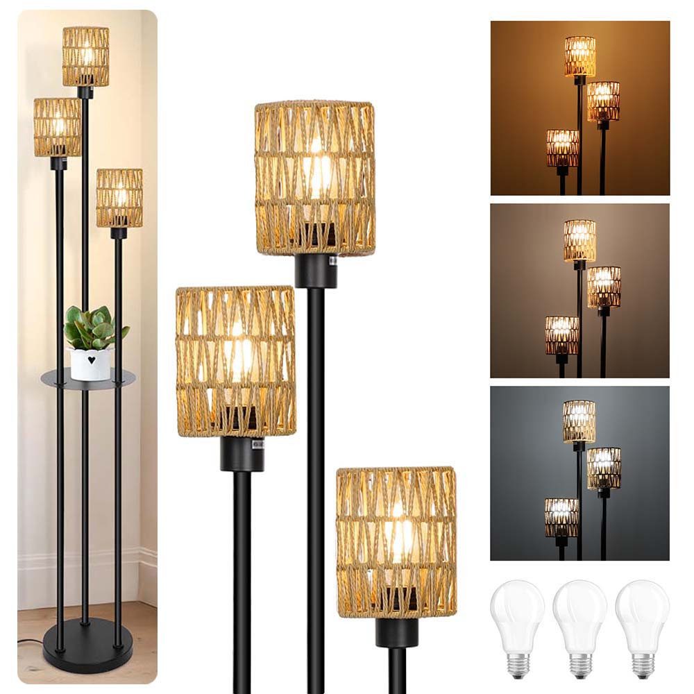 LMaxhome LED Stehlampe Boho Stehleuchte Dimmbar 3 Farbtemperatur Fußschalter 175cm mit Regal, Schwarz, mit 3 LED-Glühbirnen, Kaltweiß, Naturweiß, Warmweiß, Rattan Leselampe Wohnzimmer Schlafzimmer Büro Energiesparend Langlebig