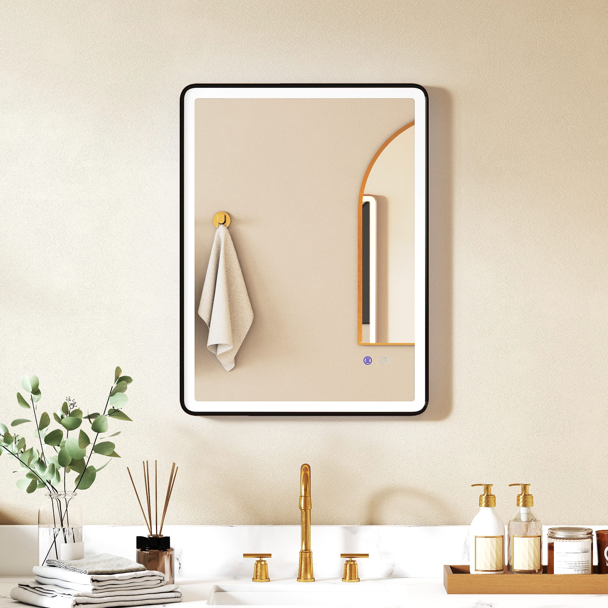 HOMCOM Badspiegel LED 80 x 60 cm Schminkspiegel mit schwarzem Rahmen (Badezimmerspiegel, 1-St., LED-Spiegel, Schraubenset, Handschuhe, Anleitung), LED-Beleuchtung, Anti-Beschlag, dimmbar, Memory