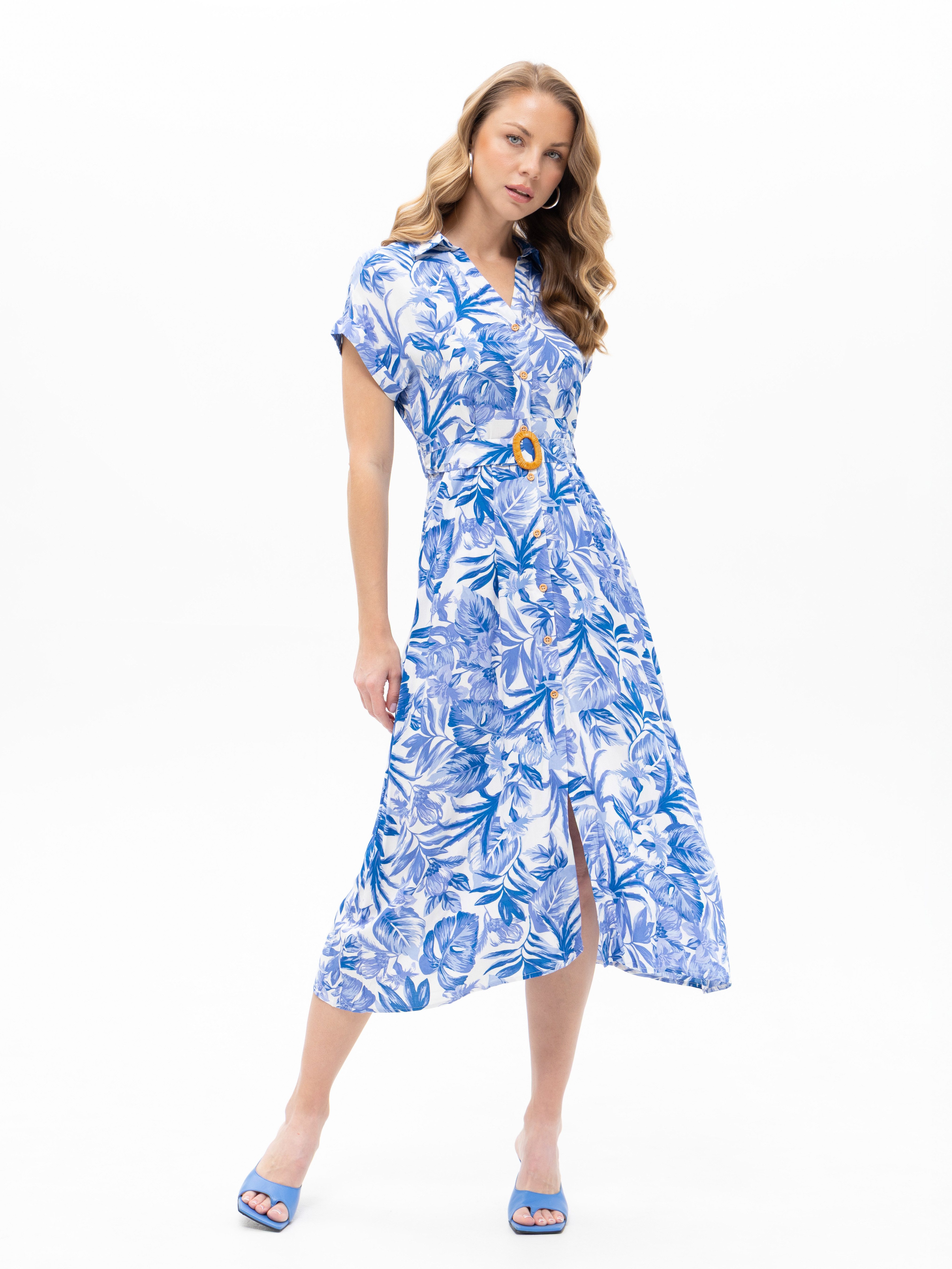 Passioni Hemdblusenkleid mit blauen Blumen Print Hemdblusenkleid mit kurzen Ärmeln und floralem Print
