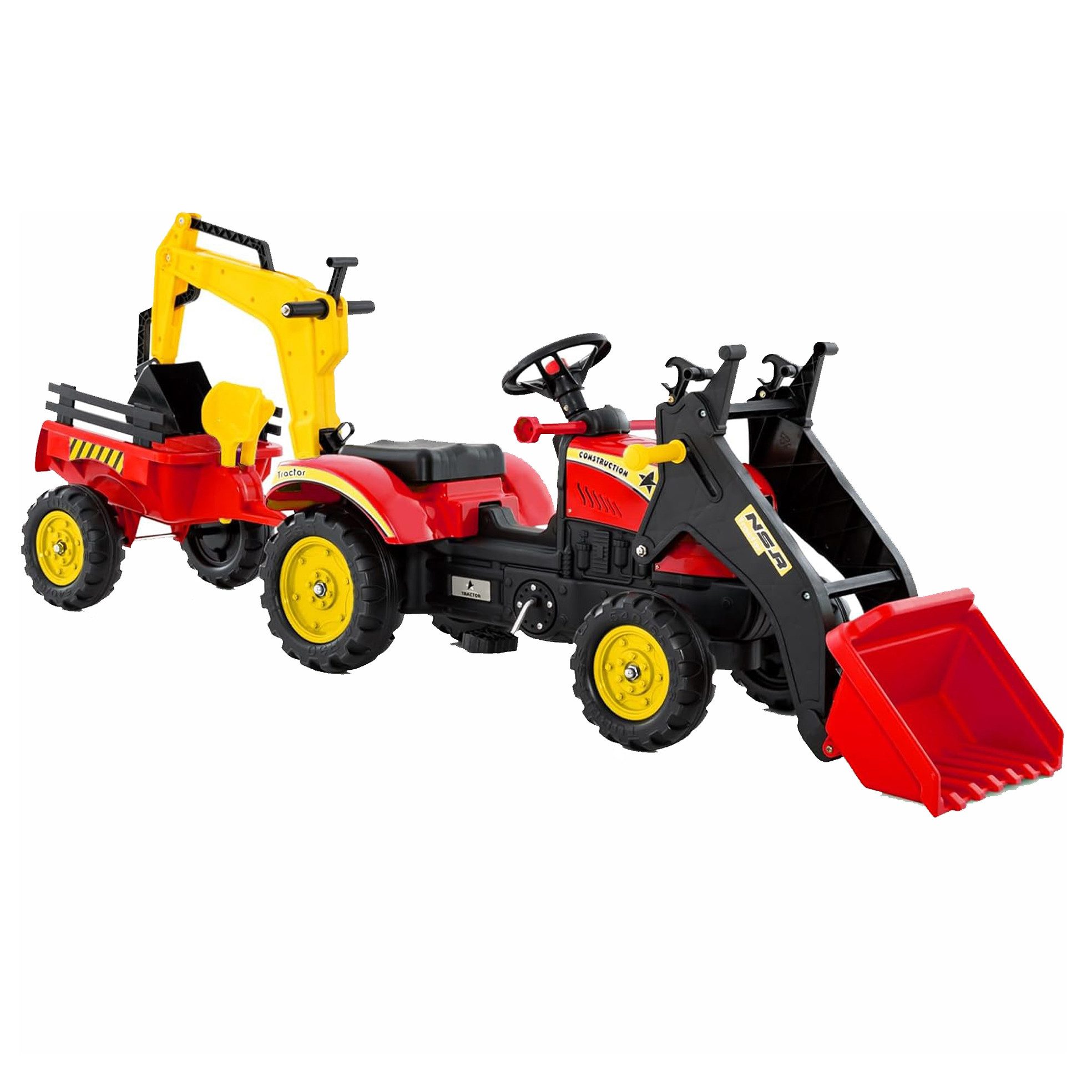 KOMFOTTEU Trettraktor 3 in 1 Kindertraktor, mit 6 Rädern & Verstellbarer Grabschaufel & abnehmbarem Anhänger