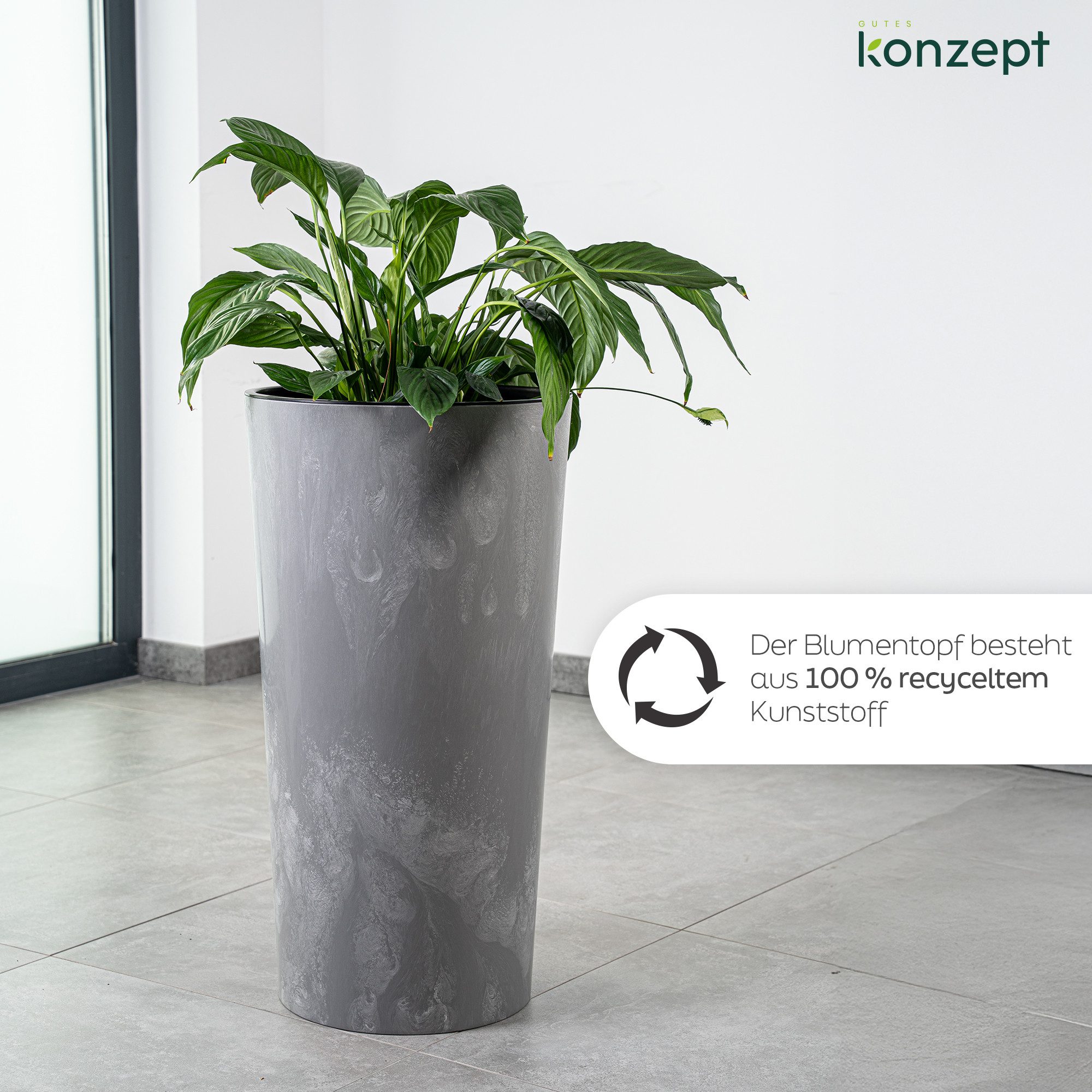 KONZEPT Blumentopf mit Einsatz Hoch 75cm in Beton Optik, für Außenbereich, Modernes Design, UV-beständig, keine scharfen Kanten, bruchfest
