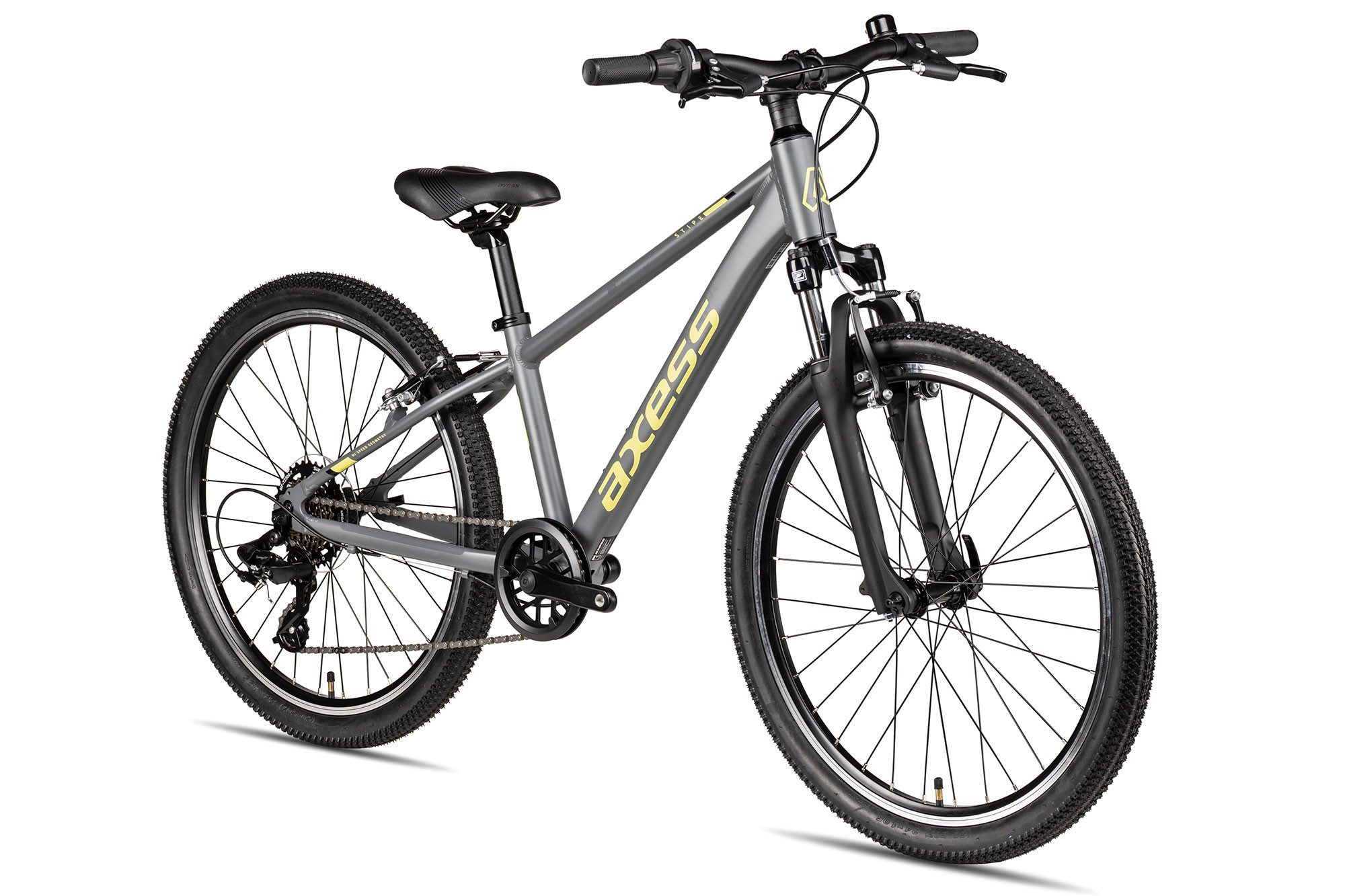 Axess Kinderfahrrad Stipe 24, 7 Gang Shimano Tourney RD-TX802 Schaltwerk, Kettenschaltung, leichter Aluminiumrahmen schwarz/grau