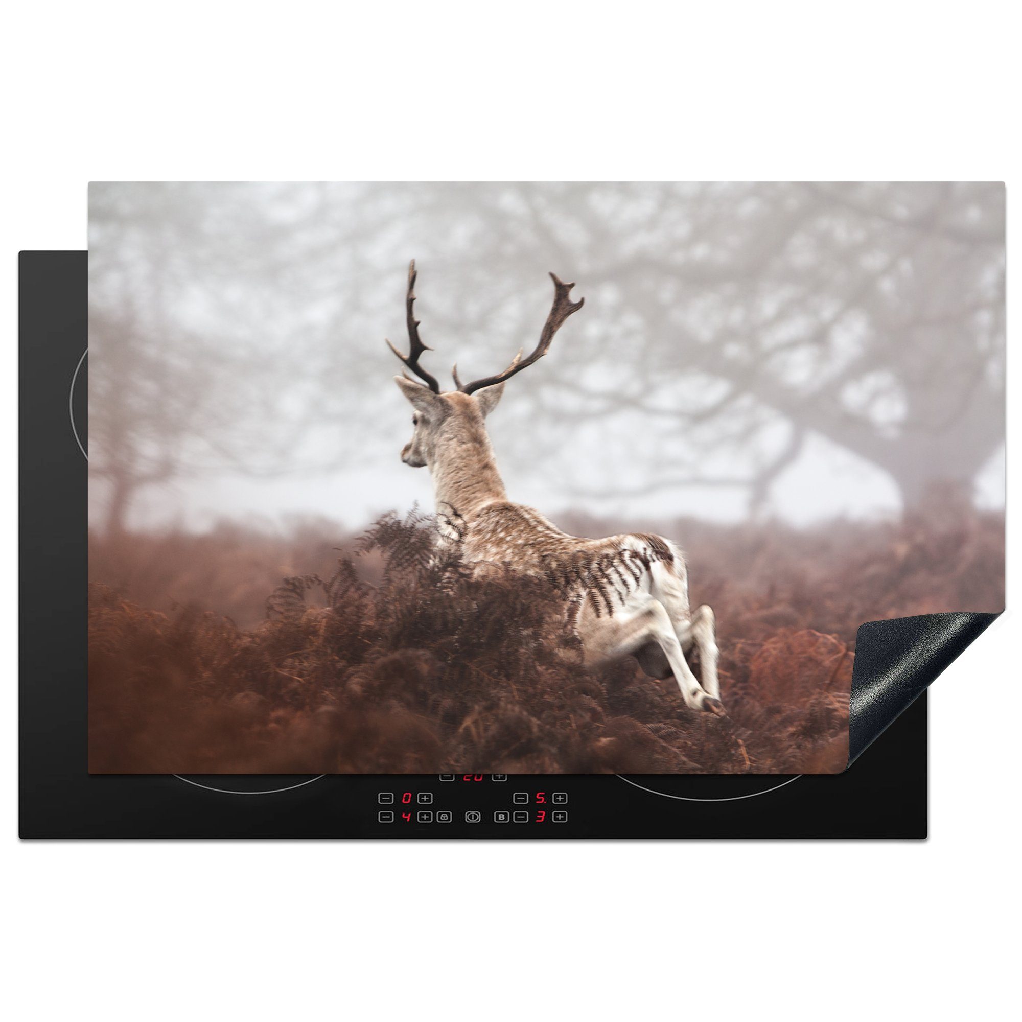 MuchoWow Herdblende-/Abdeckplatte Rehe - Nebel - Pflanzen, Vinyl, (1 tlg), 81x52 cm, Induktionskochfeld Schutz für die küche, Ceranfeldabdeckung