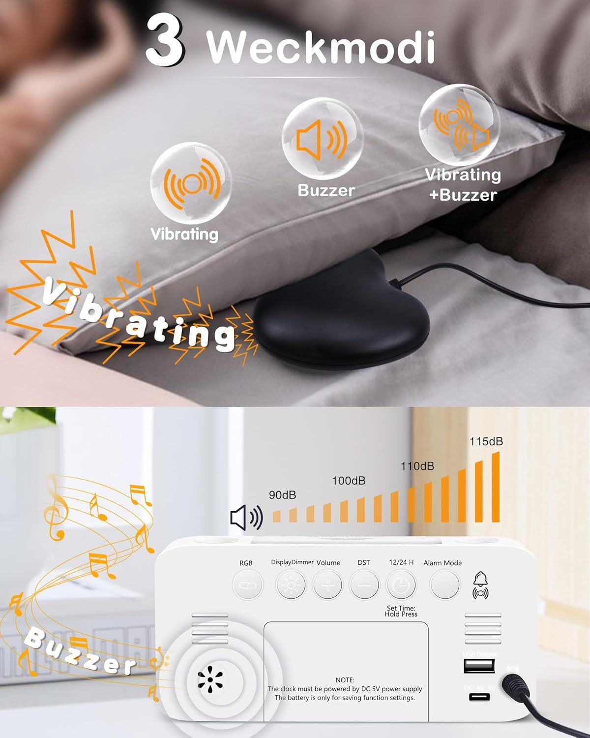 Coonoor Wecker Bettvibration, 15-buntes LED-Display,7-farbiges Nachtlicht,U günstig online kaufen