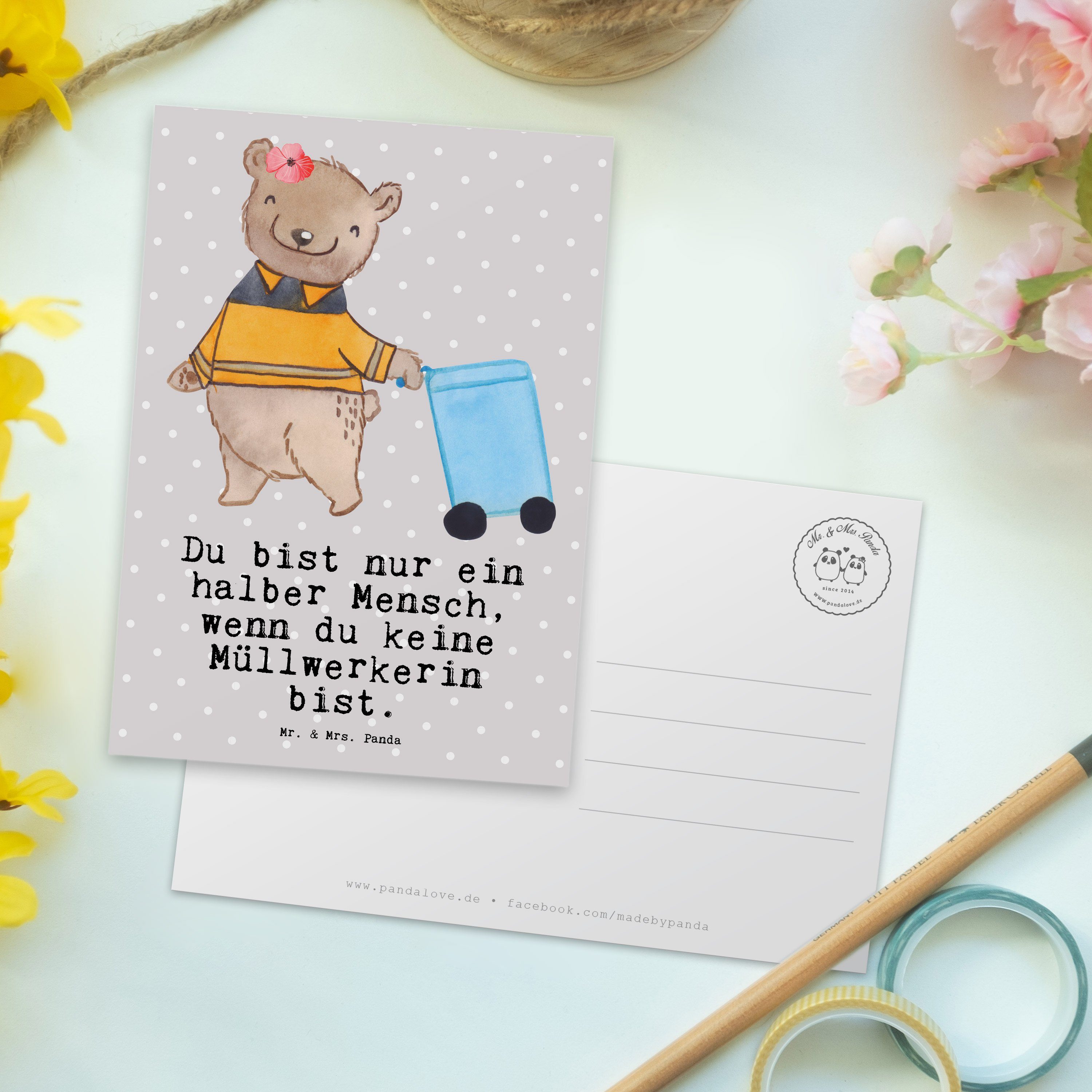 Mr. Geschenk, Einladung, - Müllwerkerin Pastell Herz Grau Panda Mrs. Müllentso - & Postkarte mit