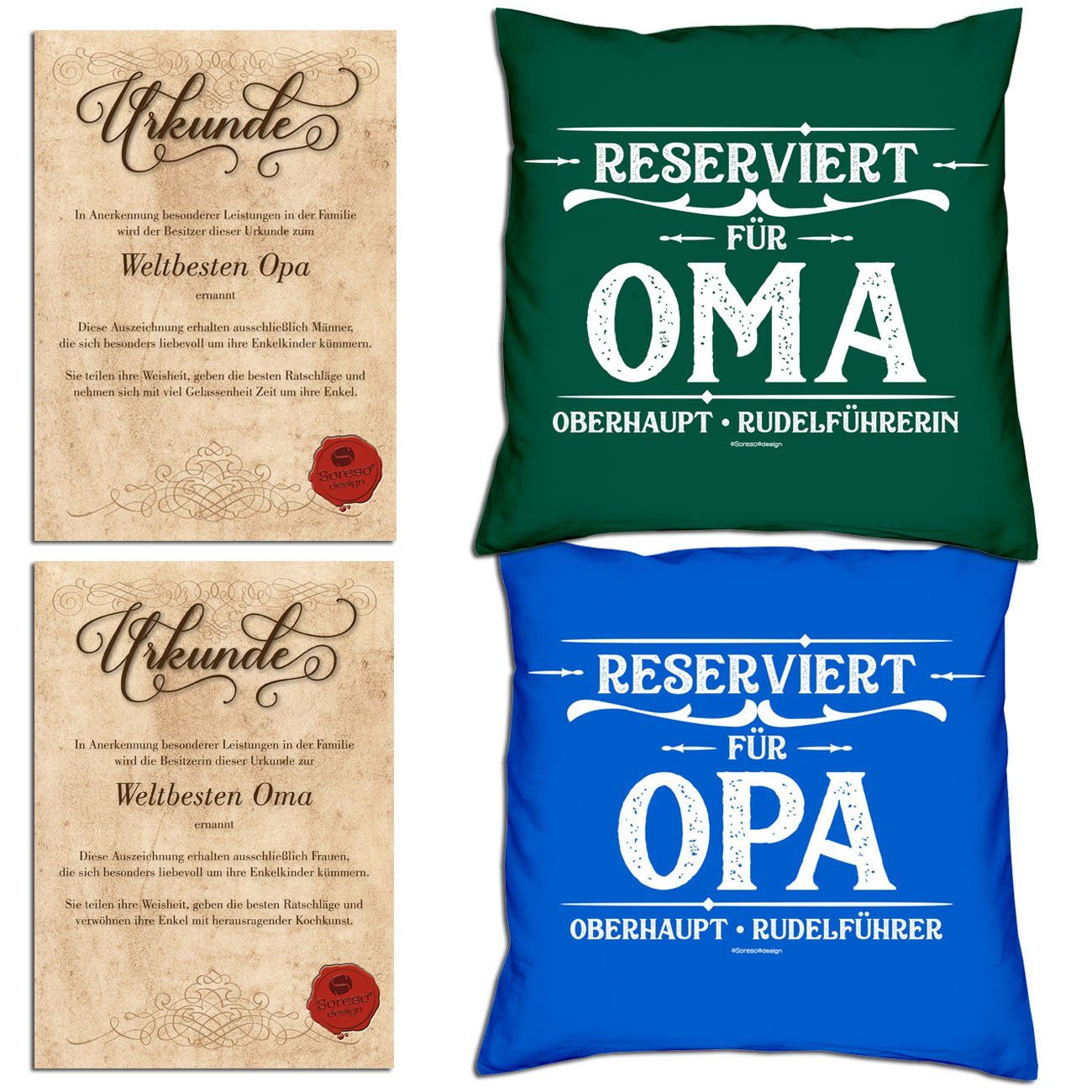 Soreso® Dekokissen Kissen-Set Reserviert für Opa Reserviert für Oma mit Urkunden, B/T 40x40 cm, mit Reißverschluss, komplett mit Füllung dunkelgrün