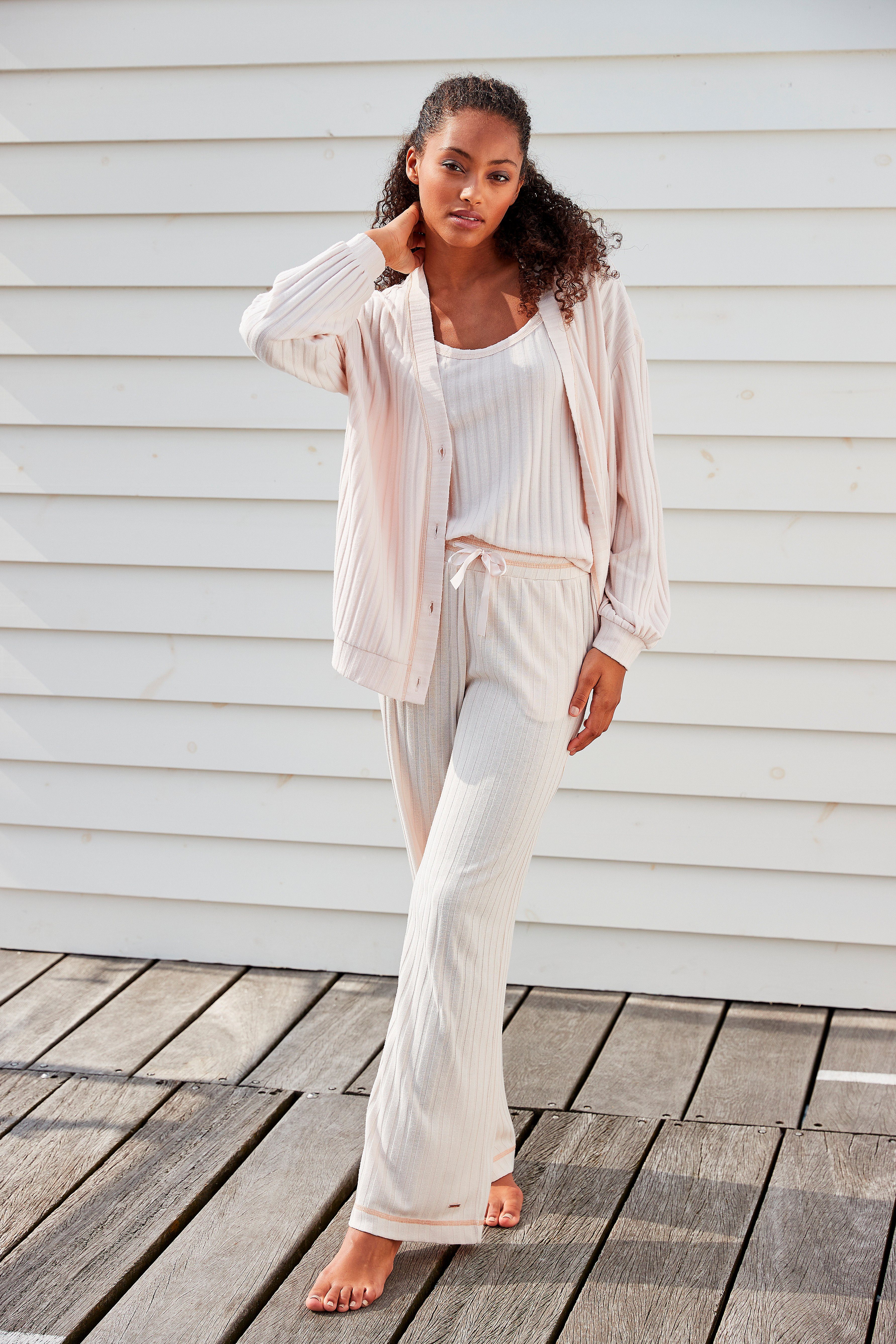 mit Cardigan breiter Loungewear s.Oliver hellbeige Knopfleiste,