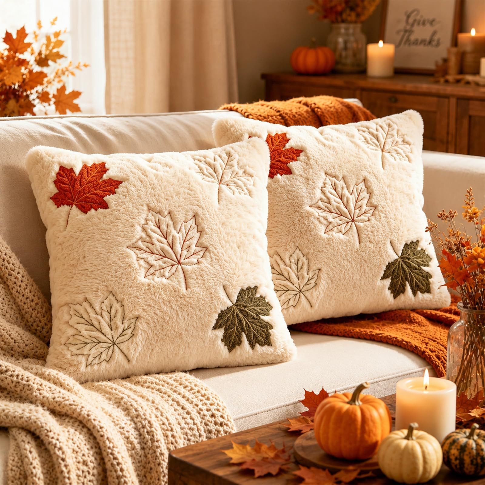 FOUORTUNATE-BEE Kissenbezüge Kissenbezüge 2er Set 45x45 cm, Herbst, Ahornblatt-Motiv, Herbst-Kissenhüllen für Sofa, Bett und Sessel, Halloween-Deko