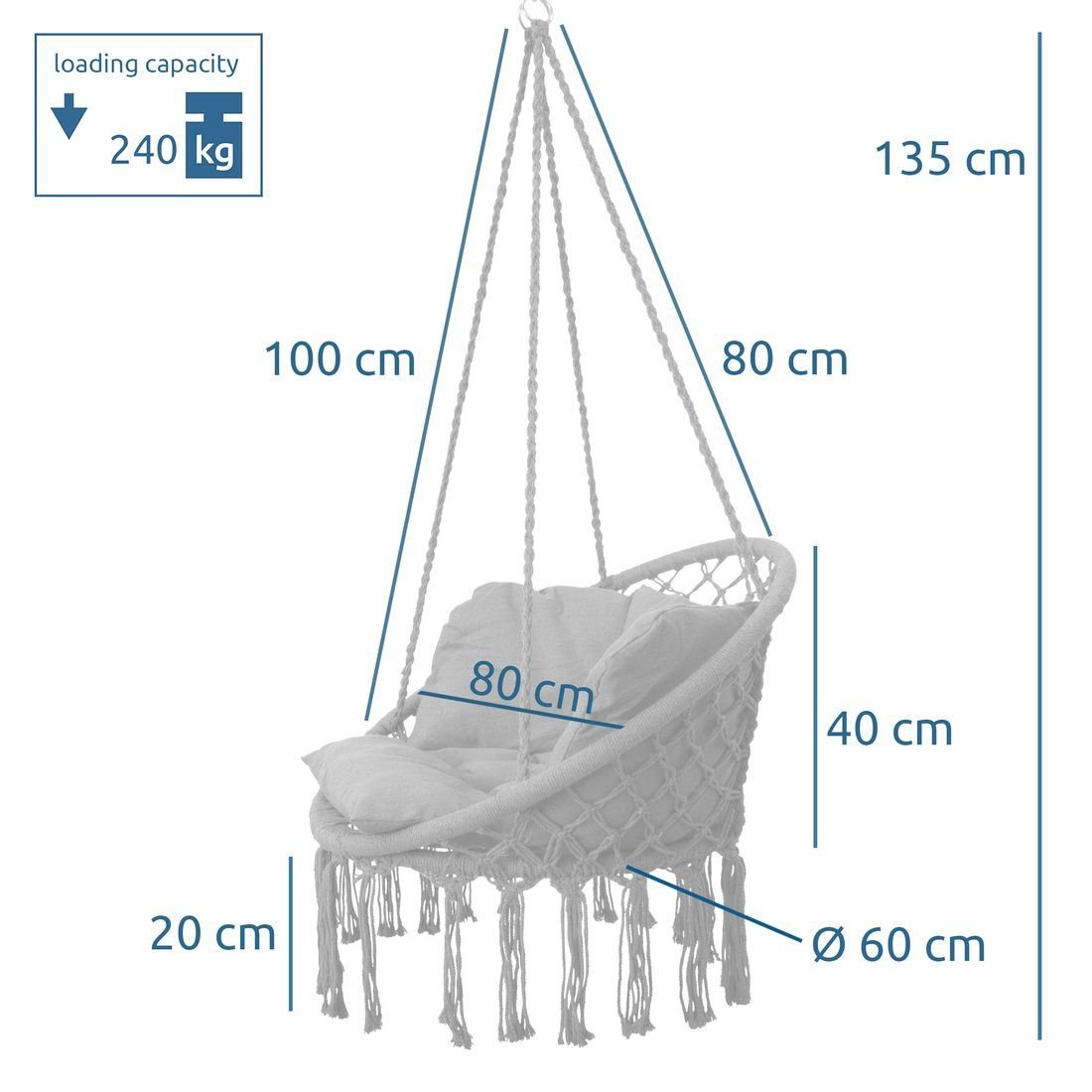 yourGEAR Hängestuhl yourGEAR Boracay Grey Chair Hängesessel 360° Sitz-Polster 240kg mit Swing Schwebe-Sessel max Hängeschaukel 