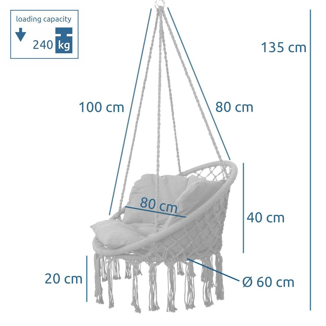 yourGEAR Hängestuhl Boracay Grey Hängesessel Sitz-Polster 240kg Hängeschauk günstig online kaufen